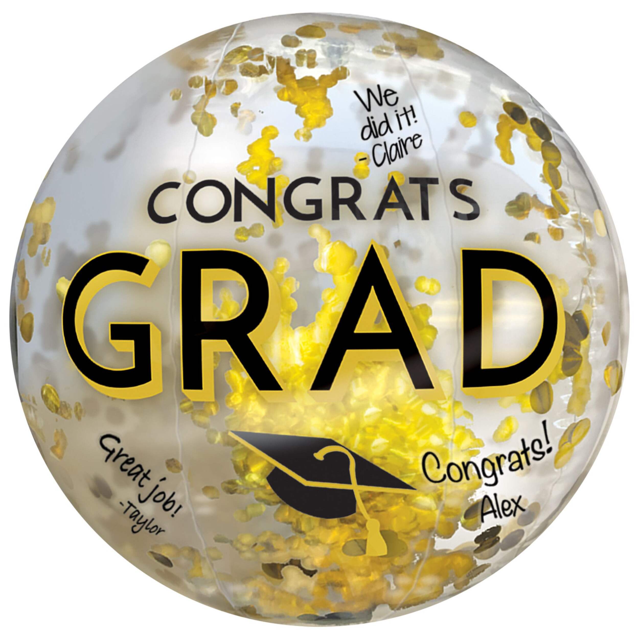 "Congrats Grad" Metallic Inflatable Round Ball Favour with Signing, Black/Gold/Silver, for Graduation Front_Flat