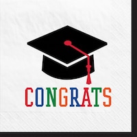 "Congrats" Square Paper Disposable Beverage Napkins, White/Multi-Coloured, 5-in, 16-pk, 2-ply, for Graduation Front_Flat