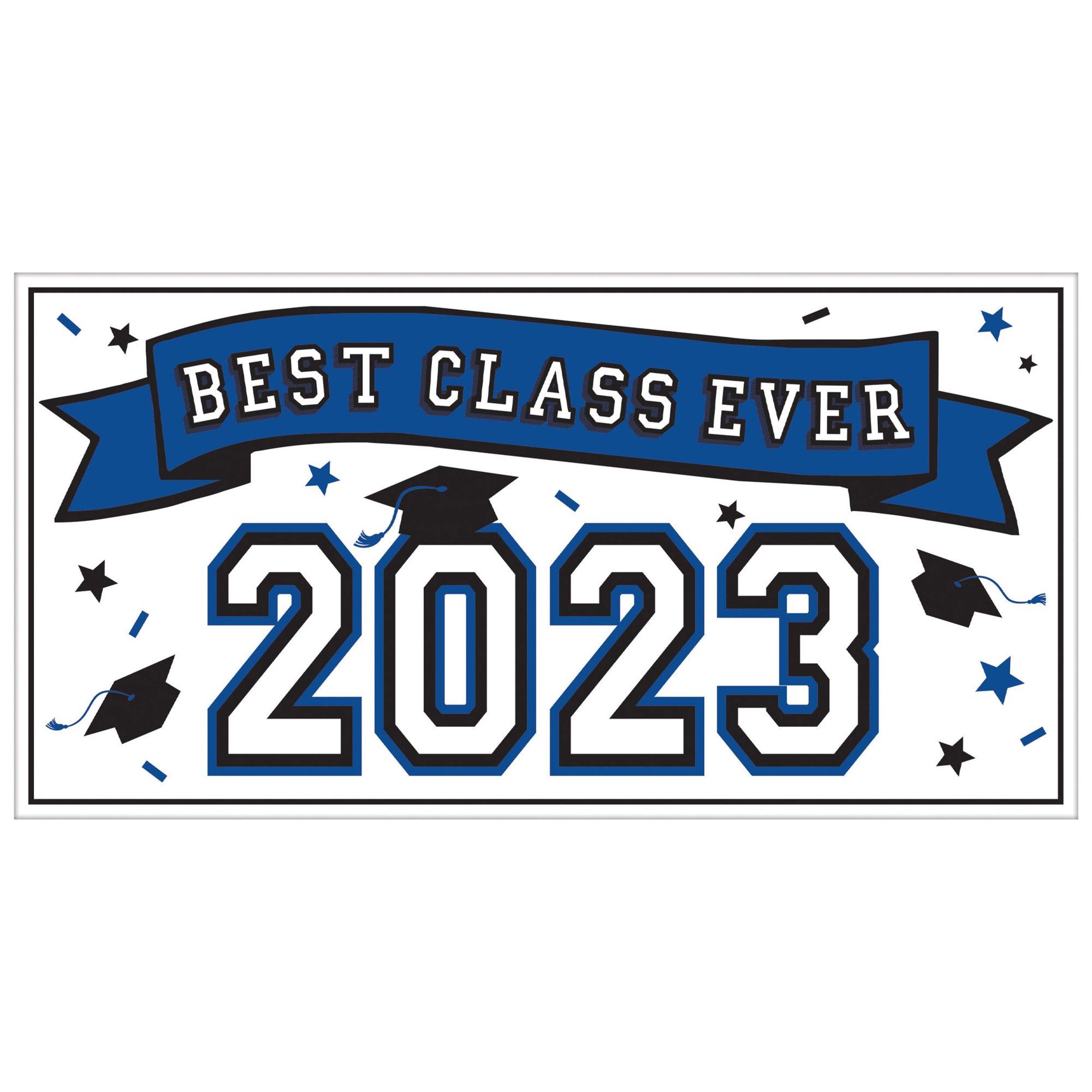 "Best Class Ever 2023" Plastic Scene Setter Background Decoration, Blue, 65-in, for Graduation Front_Flat