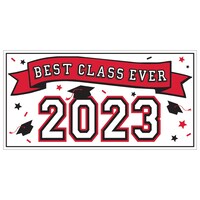 "Best Class Ever 2023" Plastic Scene Setter Background Decoration, Red, 65-in, for Graduation Front_Flat