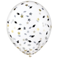 Round Transparent Confetti Latex Balloons, Gold/Black/Silver, 12-in, 6-pk, for Graduation Front_Flat