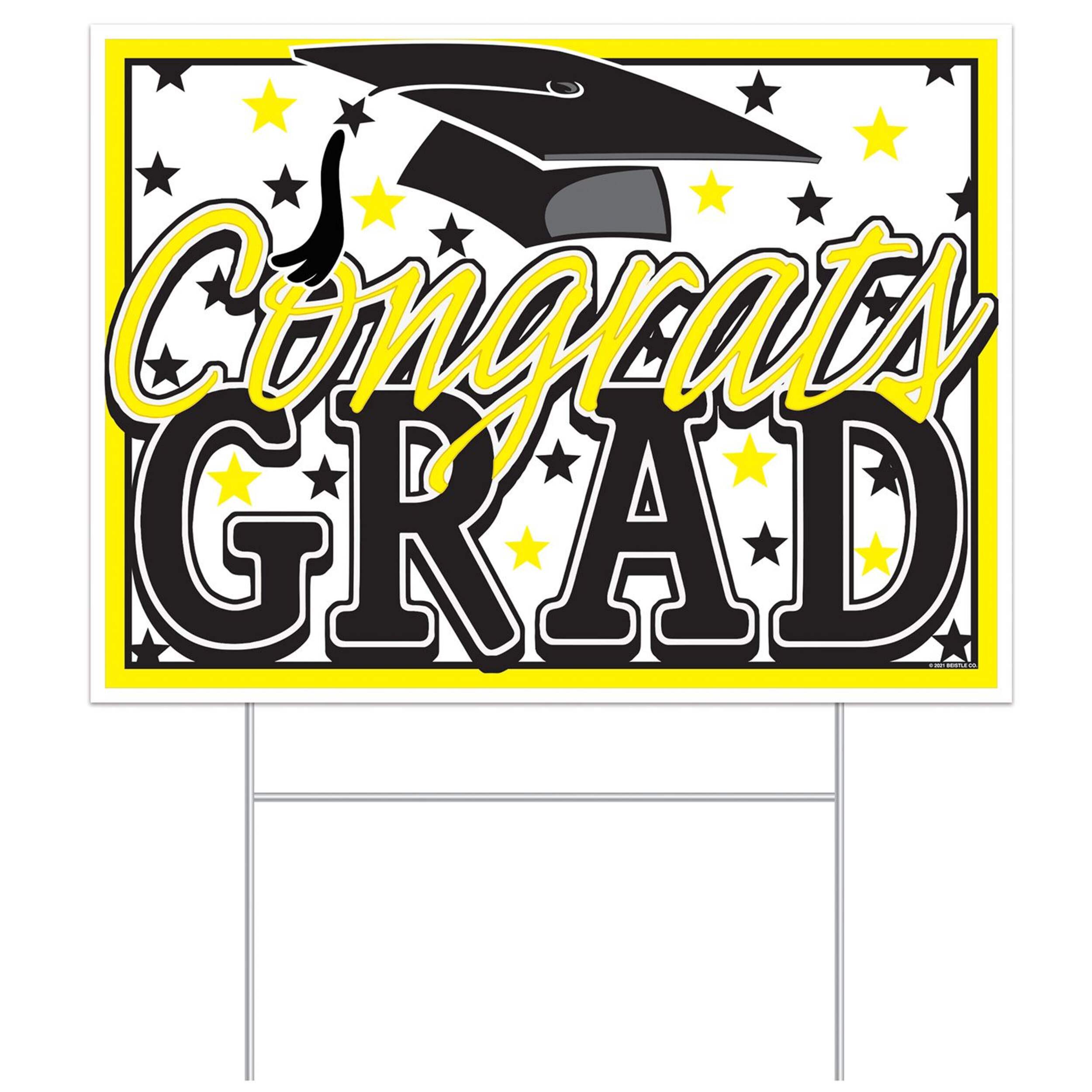 Congrats Grad Outdoor Graduation Yard Stake Sign Decoration, Yellow, 15.5-in, for Graduation Front_Flat