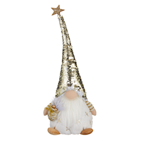 FOR LIVING Christmas Decoration Pre-Lit Sitting Gnome with White & Gold Sequin Flip Hat, 19-in