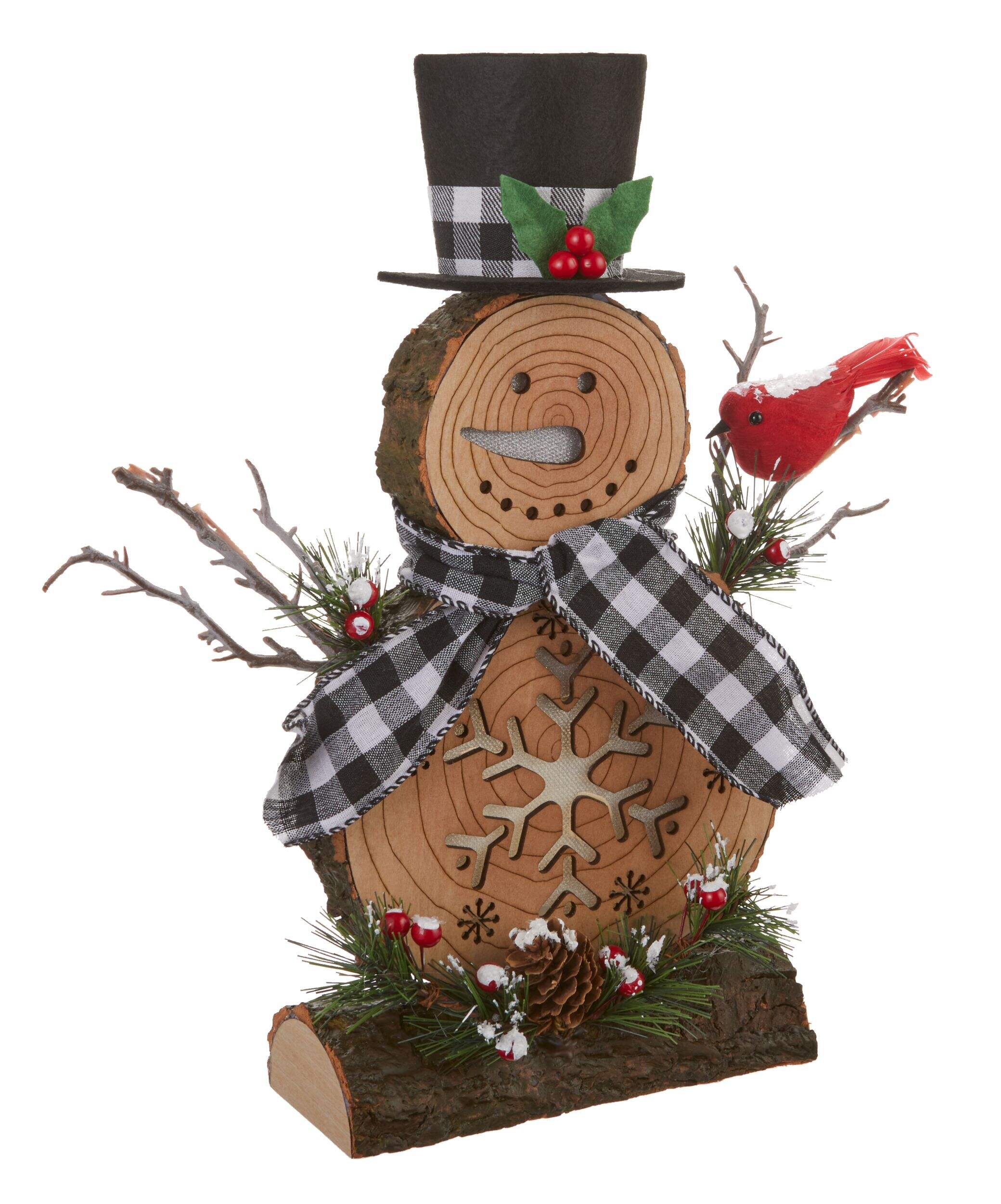 For Living Christmas Tabletop Snowman Décor with Pre-Lit Wooden Snowflake, 12-in Front_Three_Fourths_Angled_Right
