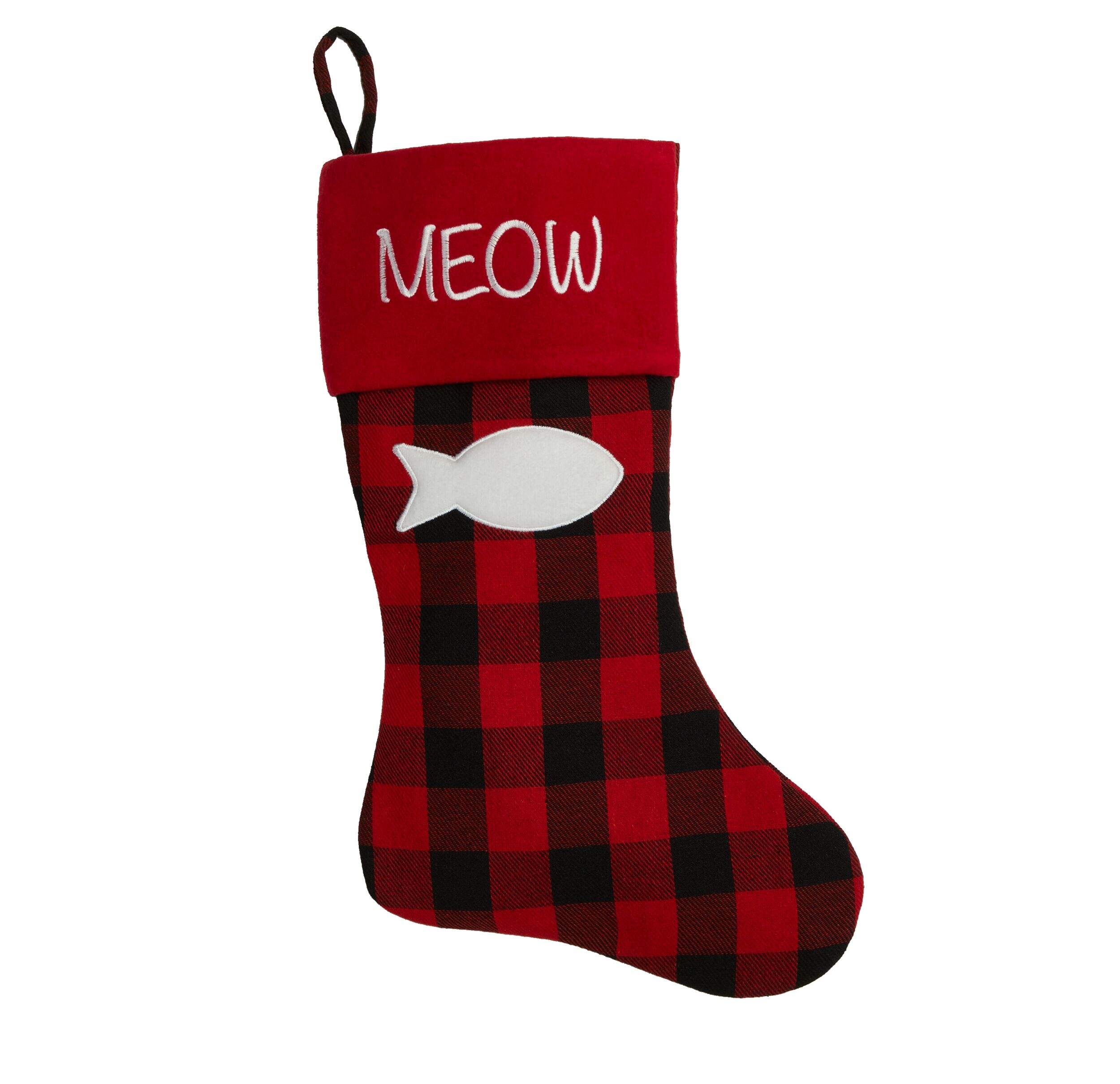For Living Christmas Decoration Meow Stocking, Buffalo Plaid, 18-in Front_Flat