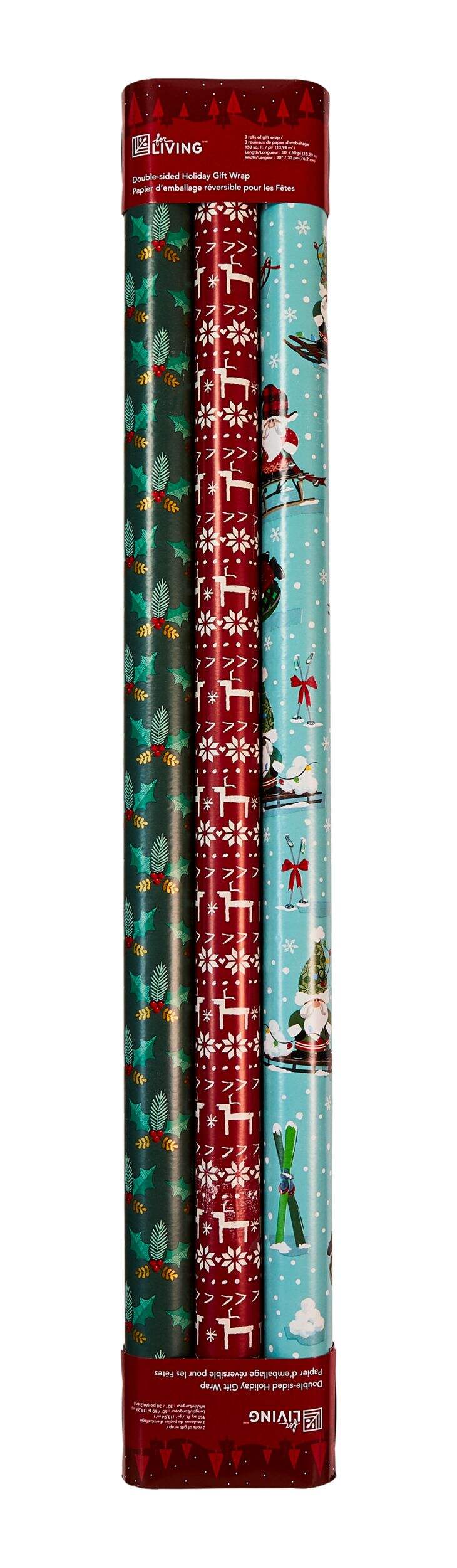 For Living Reversible Holiday Gift Wrap, 150-sq ft, 3-pk Front_Flat