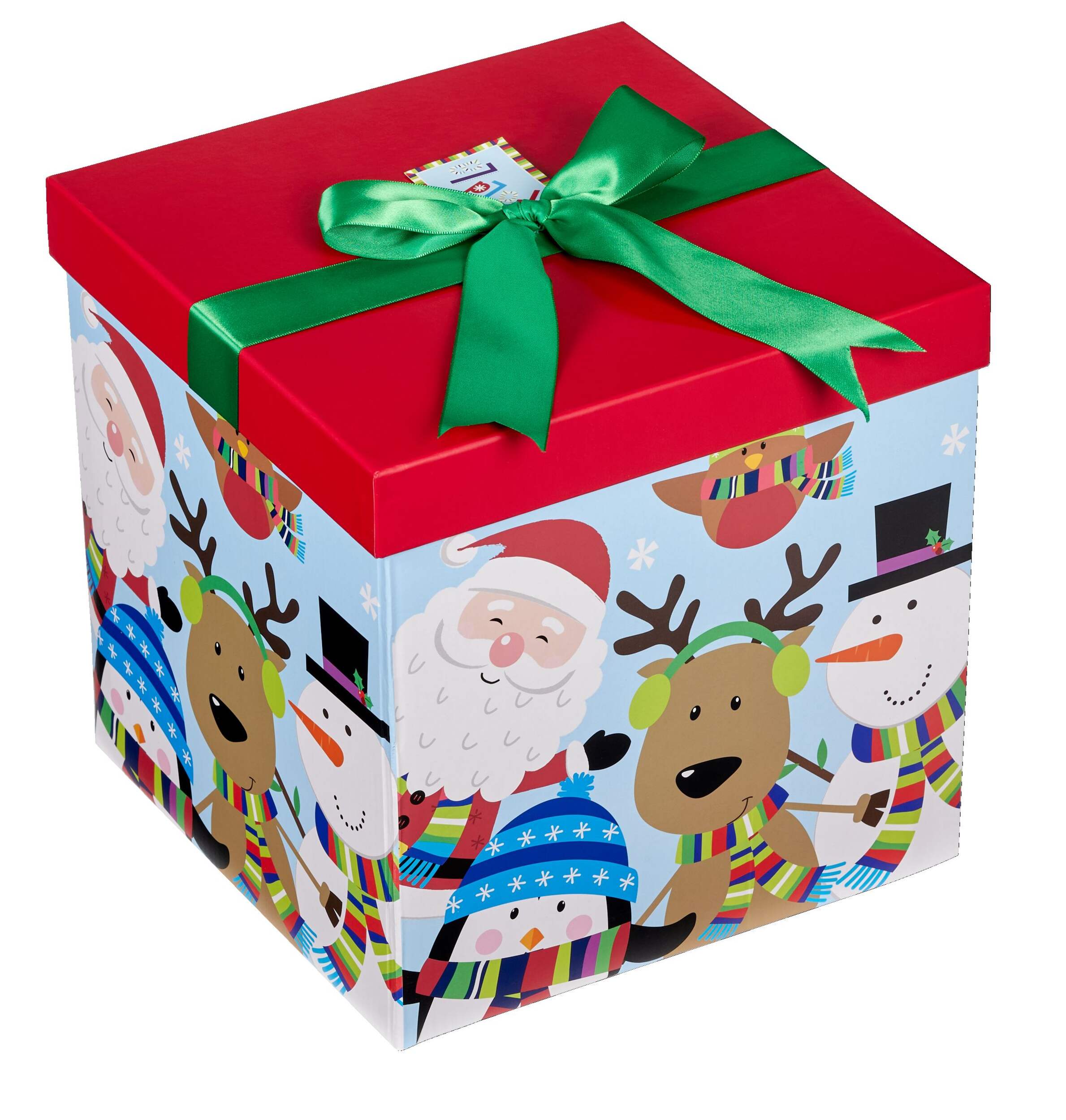 For Living Foldable Square Holiday Gift Box with Lid, Large, Santa & Friends Front_Three_Fourths_Angled_Left