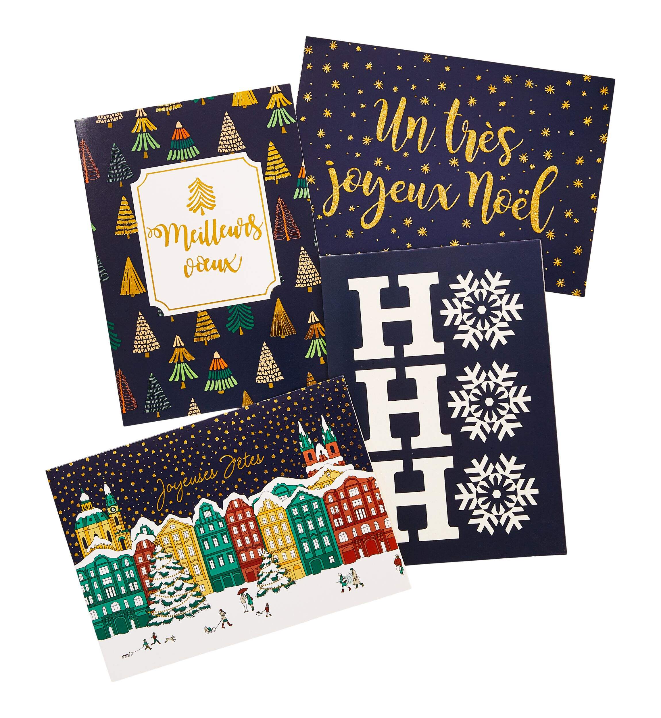 FOR LIVING Christmas Cards with Envelopes, French, Blue, Assorted Designs, 24-pc Front_Flat