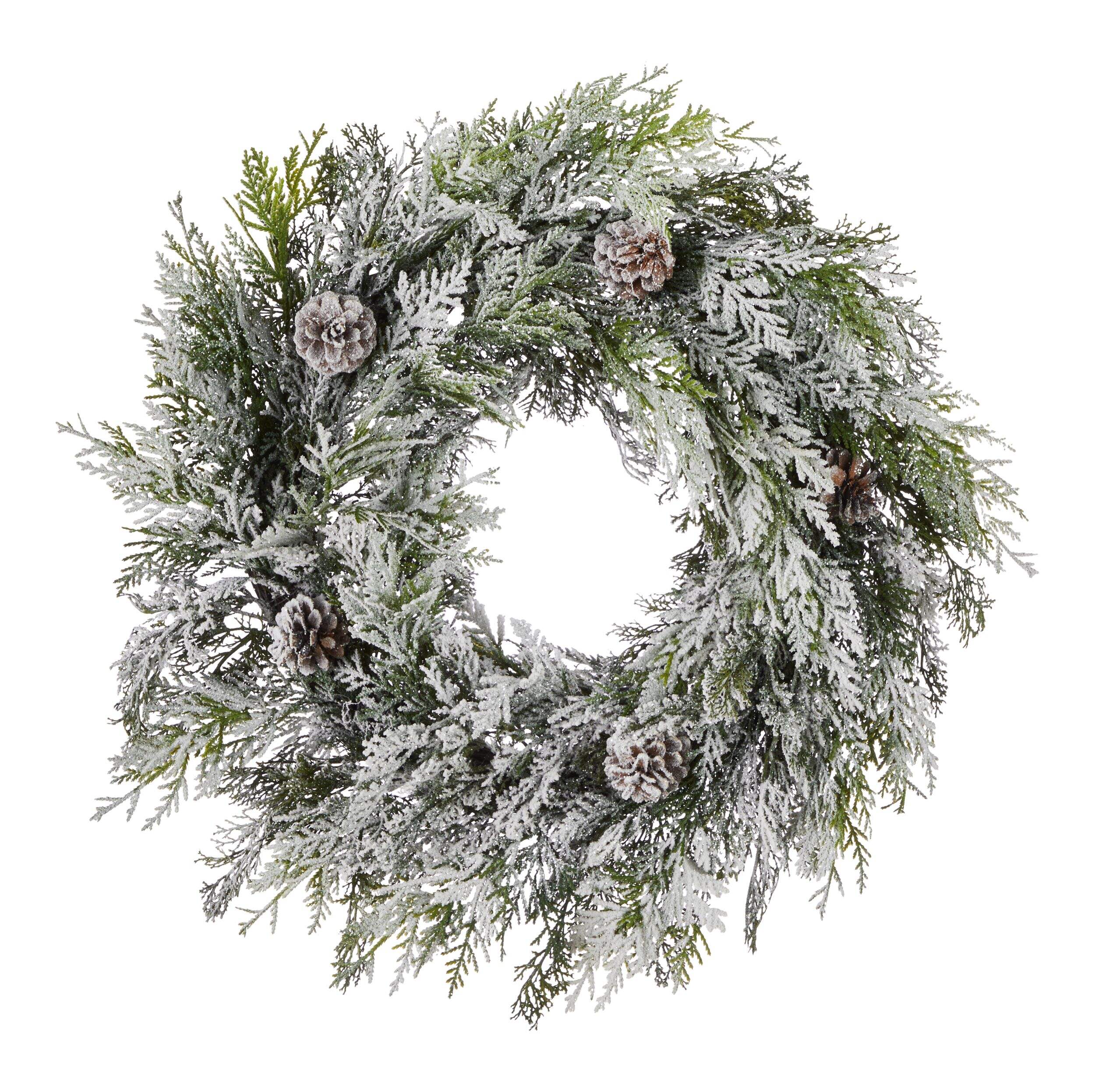 Couronne de Noël floquée scintillante en cèdre avec pommes de pin CANVAS, 24 po Front_Flat