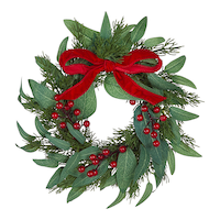 Mini couronne de Noël d'intérieur non illuminée avec baies, feuilles d'olive et boucle rouge CANVAS, 10 po