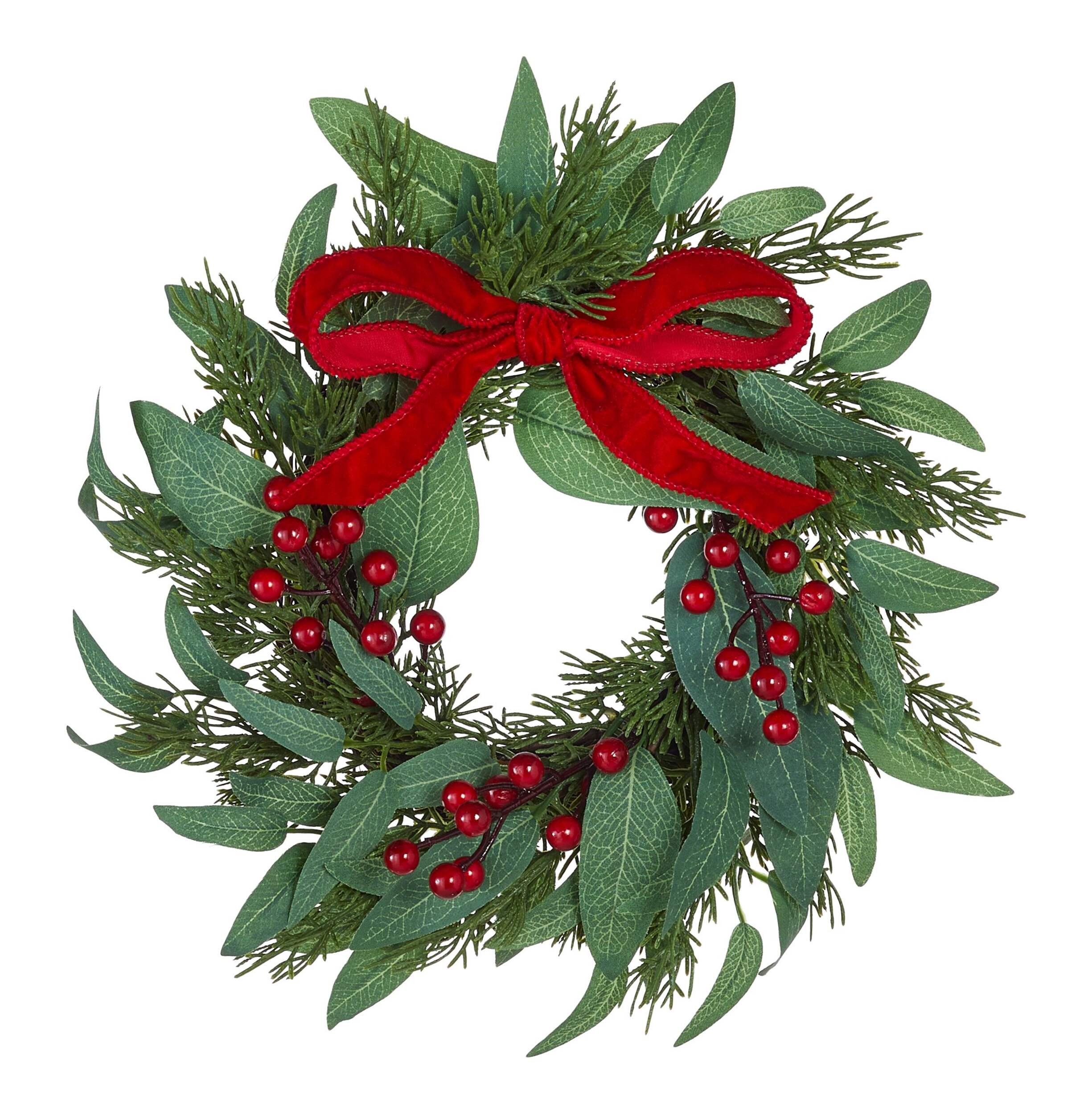 Mini couronne de Noël d'intérieur non illuminée avec baies, feuilles d'olive et boucle rouge CANVAS, 10 po Front_Flat