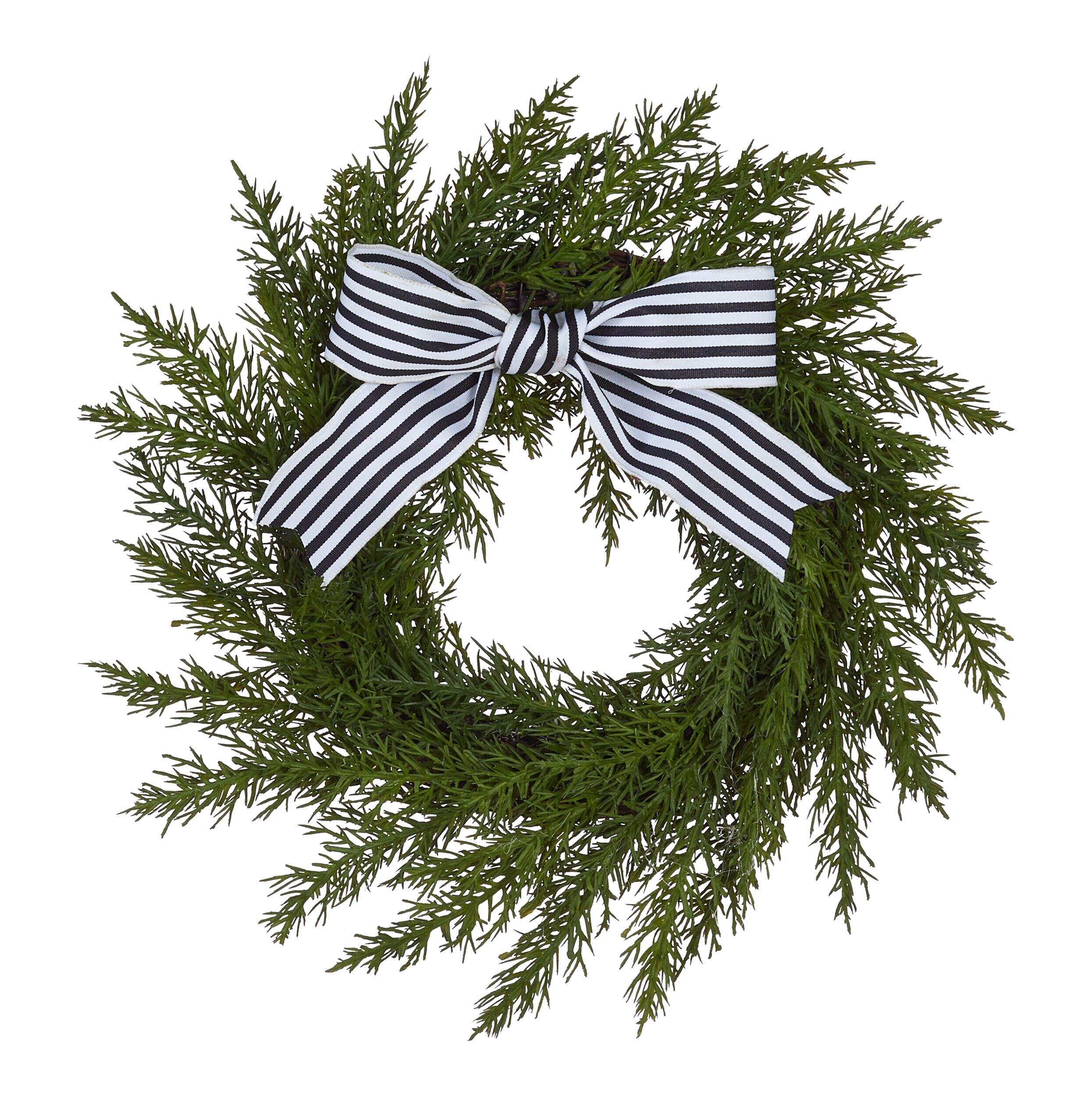 CANVAS Un-Lit Indoor Christmas Decoration Cypress Mini Wreath with Black & White Bow, 10-in Front_Flat