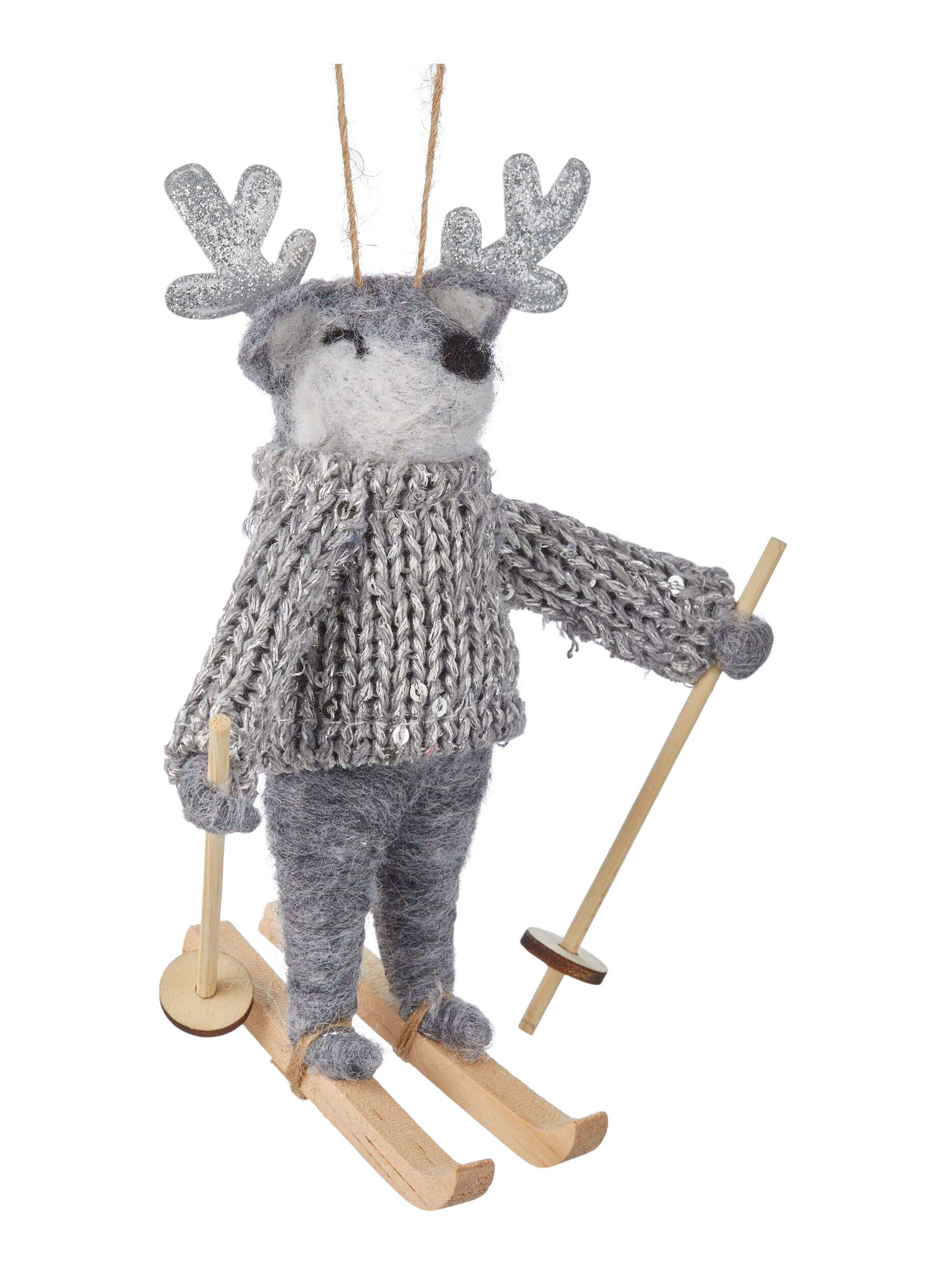 CANVAS Silver Collection "Tinsel" Felt Reindeer with Sweater and Skis Christmas Ornament Front_Three_Fourths_Angled_Right
