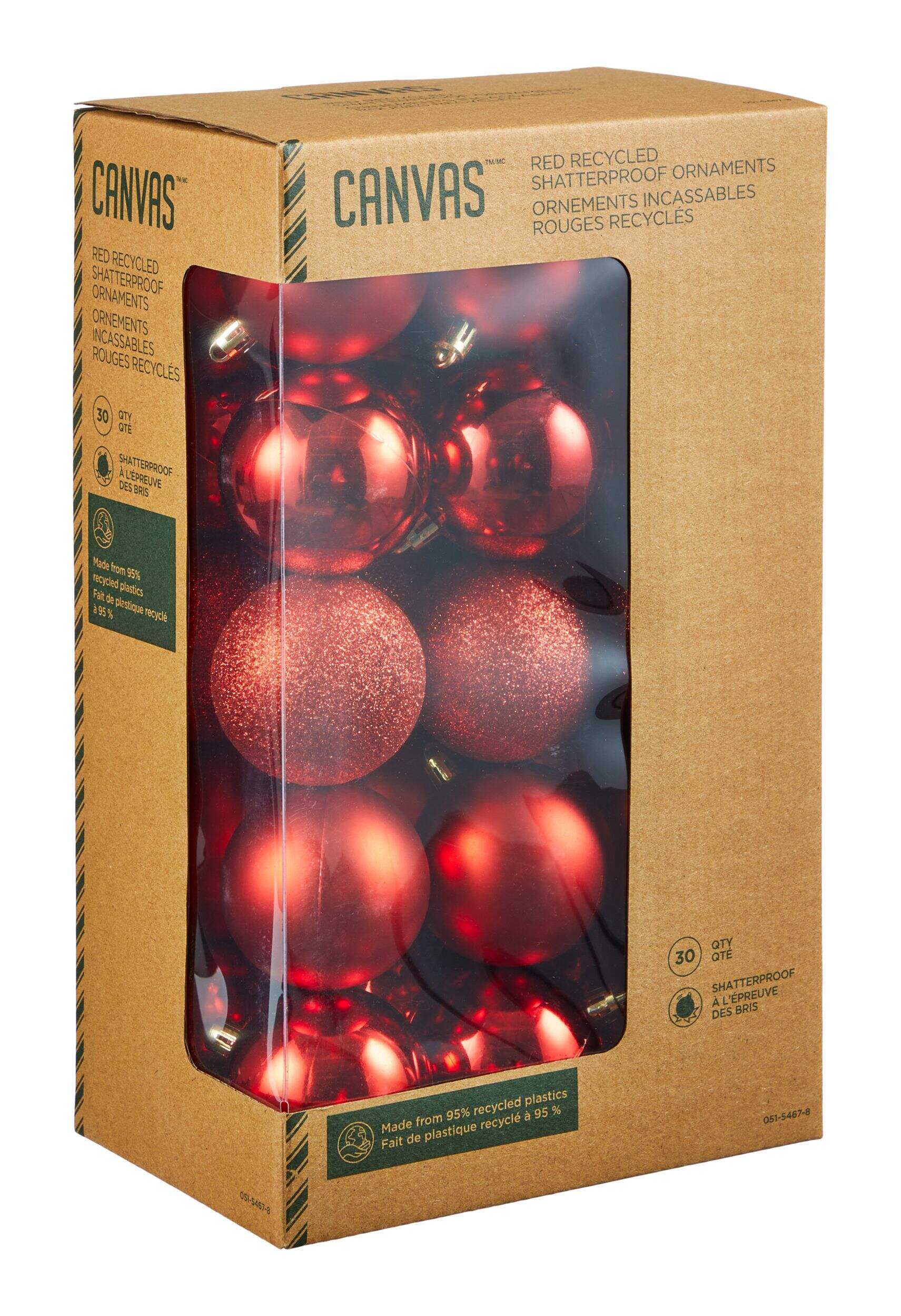 CANVAS Shatterproof Recycled Christmas Ornament Set, Red, 60-mm, 30-pk Front_Three_Fourths_Angled_Right