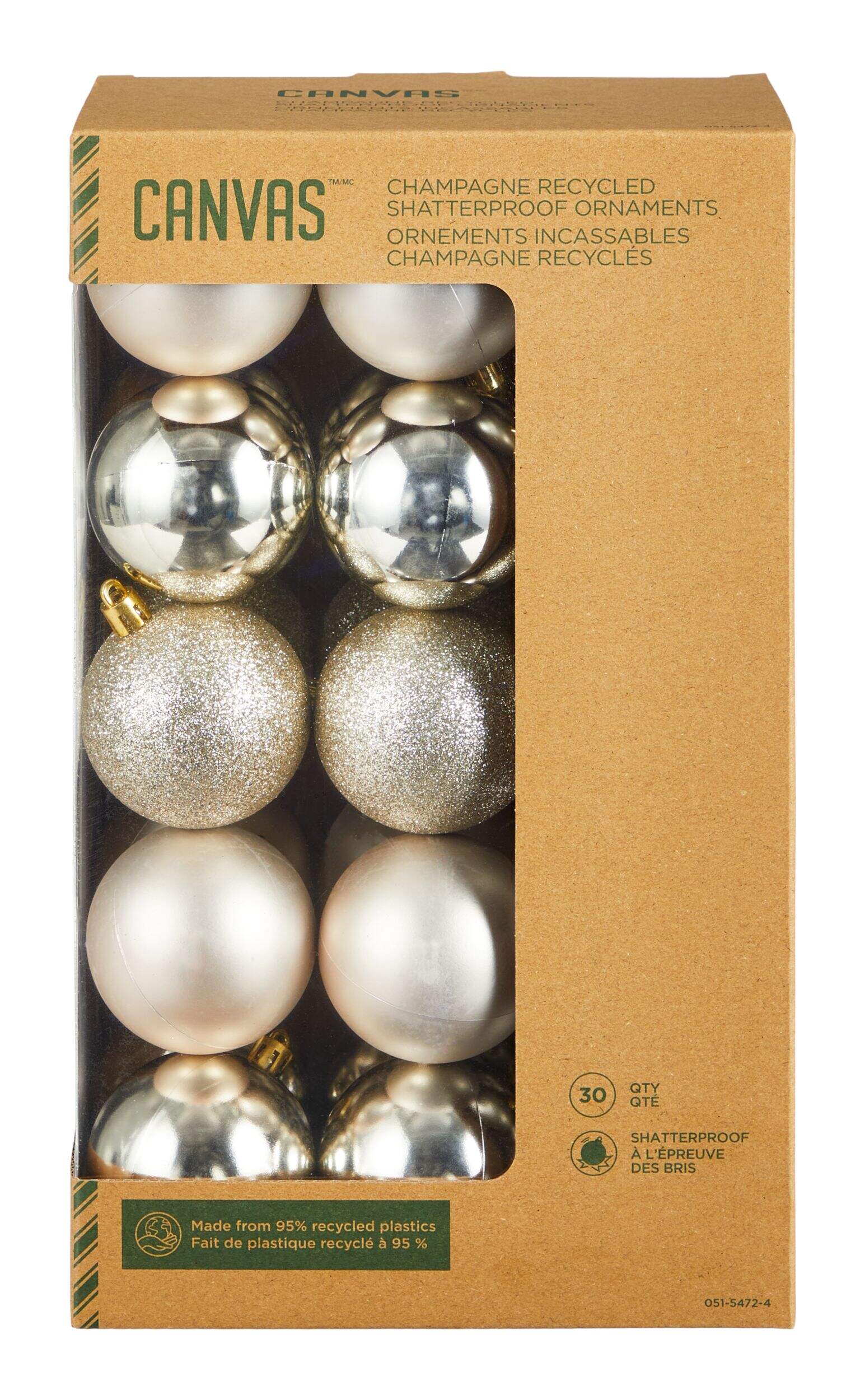 CANVAS Shatterproof Recycled Christmas Ornament Set, Champagne, 60-mm, 30-pk Front_Elevated