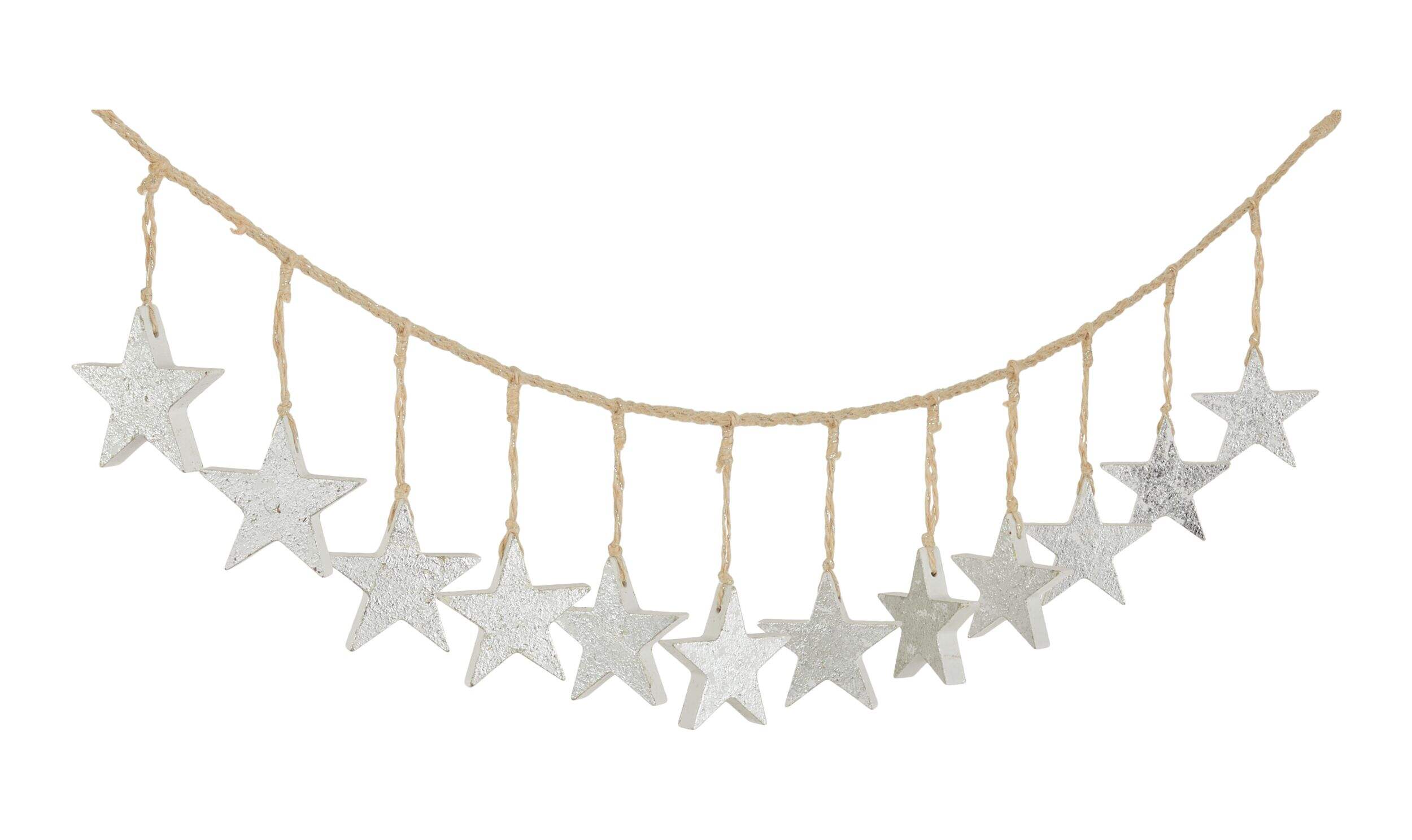 Guirlande d'étoiles CANVAS Collection Argent scintillant sur corde de jute Front_Angled_Left