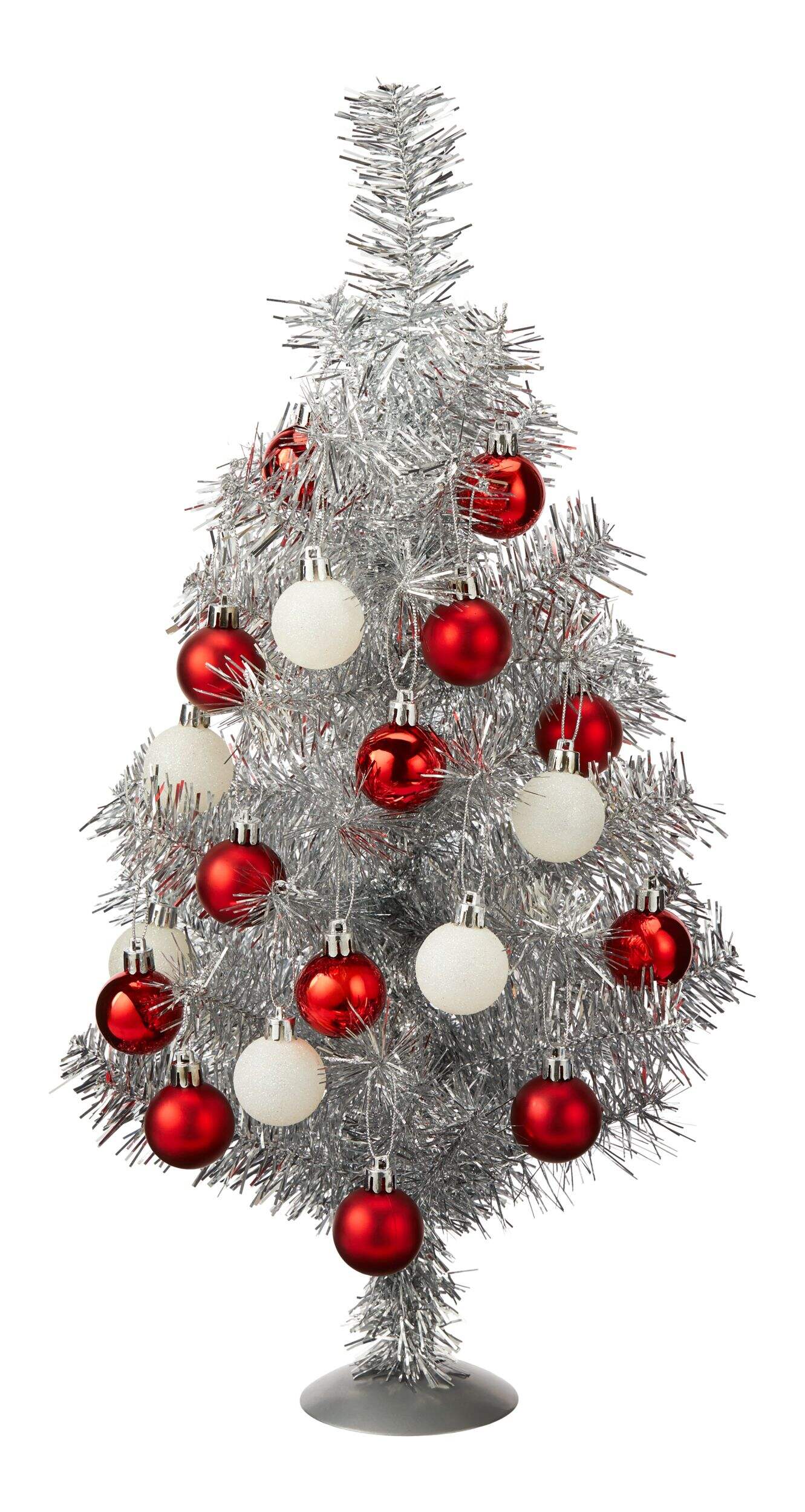 Arbre de Noël décoratif de table argenté scintillant avec 20 ornements rouges et blancs For Living, 22 po Front_Flat