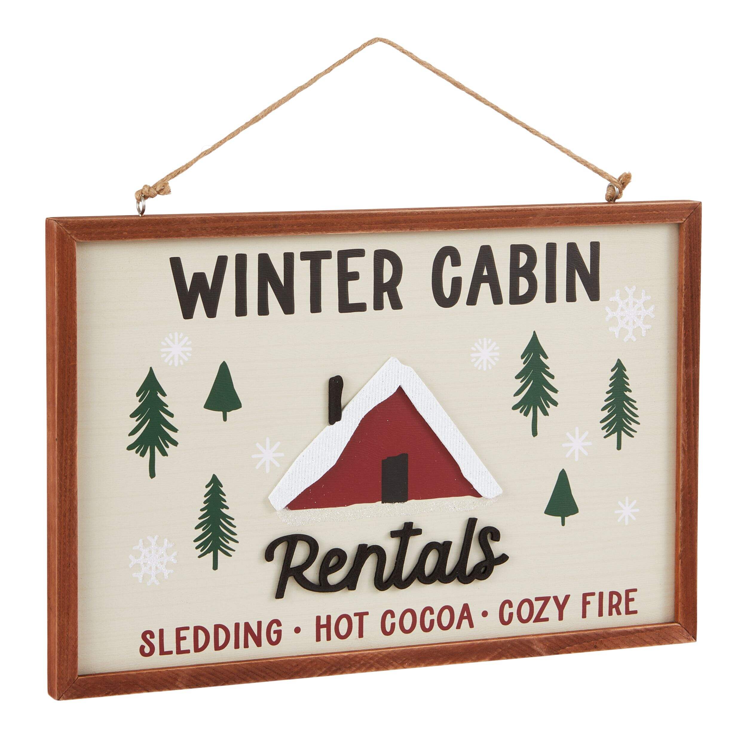 CANVAS Hand Painted Winter Cabin Rentals Wall Sign, Bilingual, 15-in Front_Three_Fourths_Angled_Right