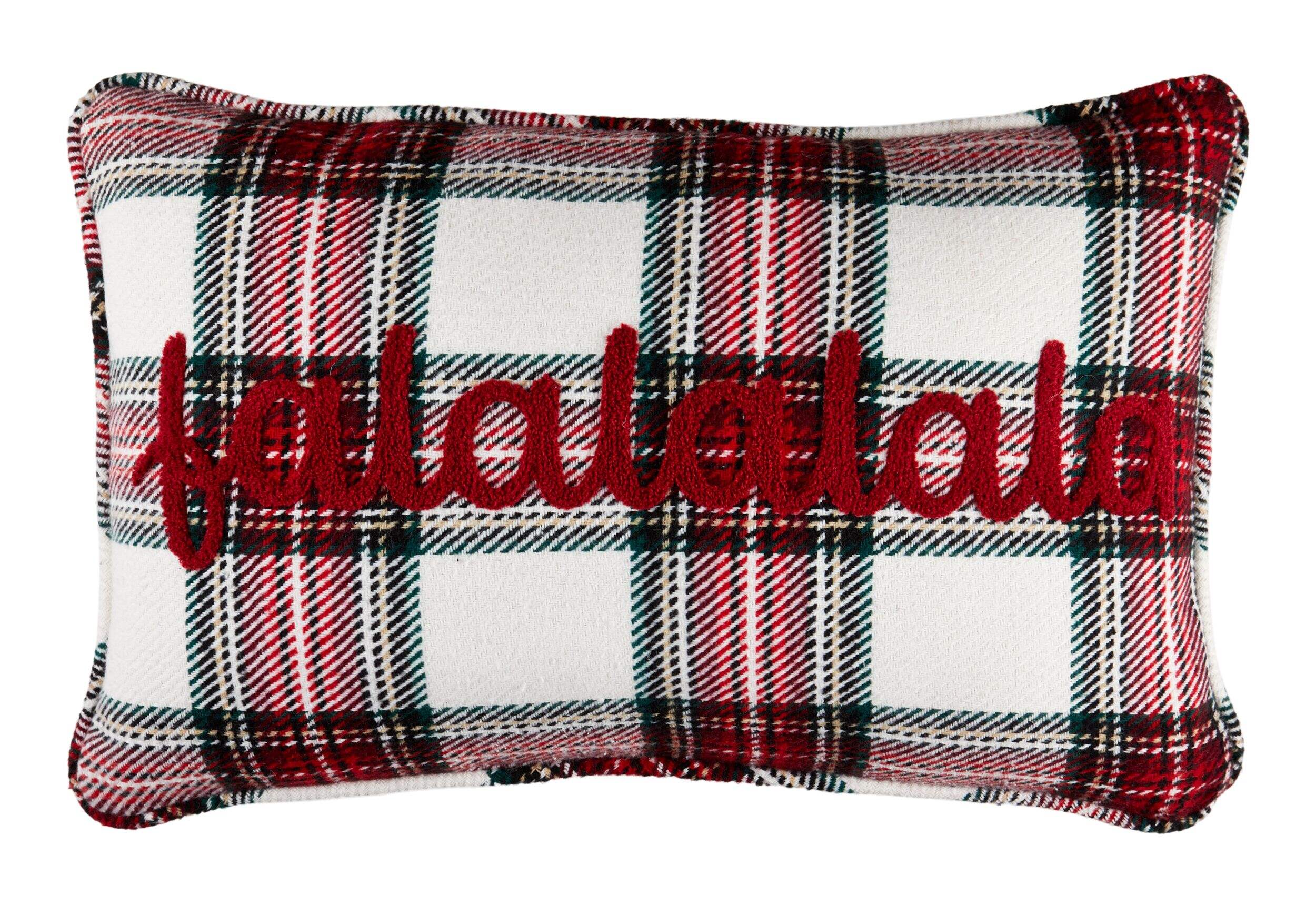 CANVAS Christmas Decoration Plaid 'FaLaLaLaLa' Cushion, Red & White, 14 x 22-in Front_Flat