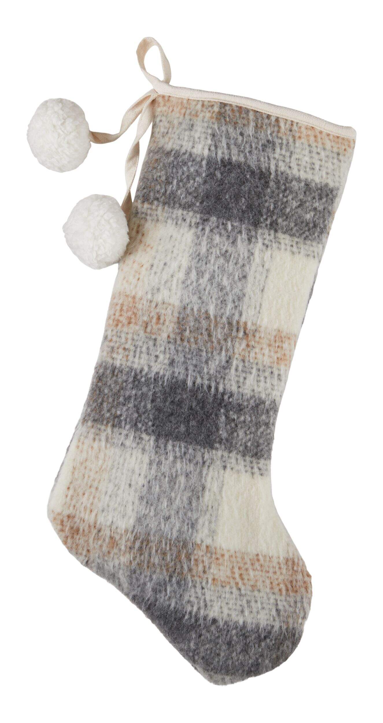 CANVAS Christmas Decoration Brushed Plaid Stocking, Grey, 19-in Front_Flat