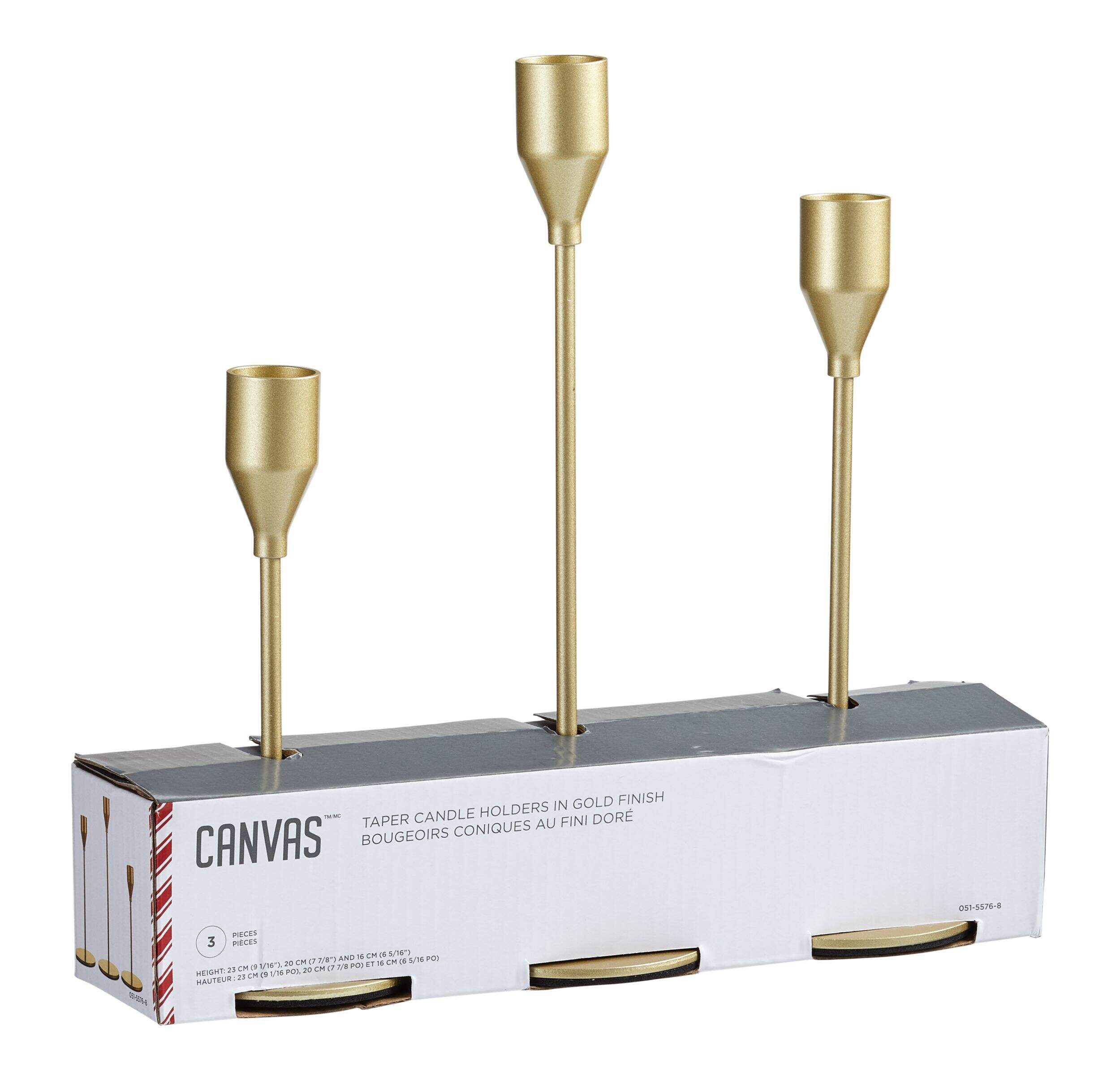 CANVAS Tabletop Christmas Décor Gold Metal Taper Candle Holder, 3-pk Front_Three_Fourths_Angled_Right