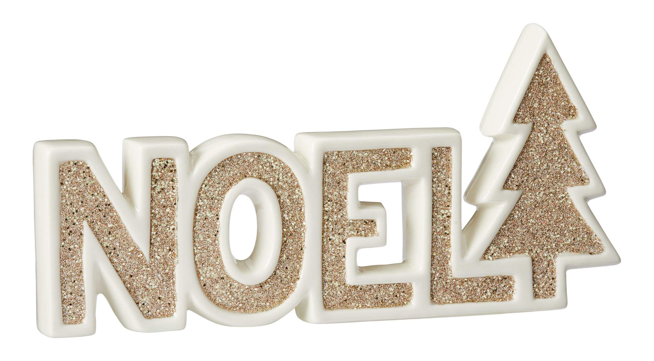 CANVAS Tabletop Christmas Collection Ceramic Noel and Tree Décor, Gold Front_Three_Fourths_Angled_Right