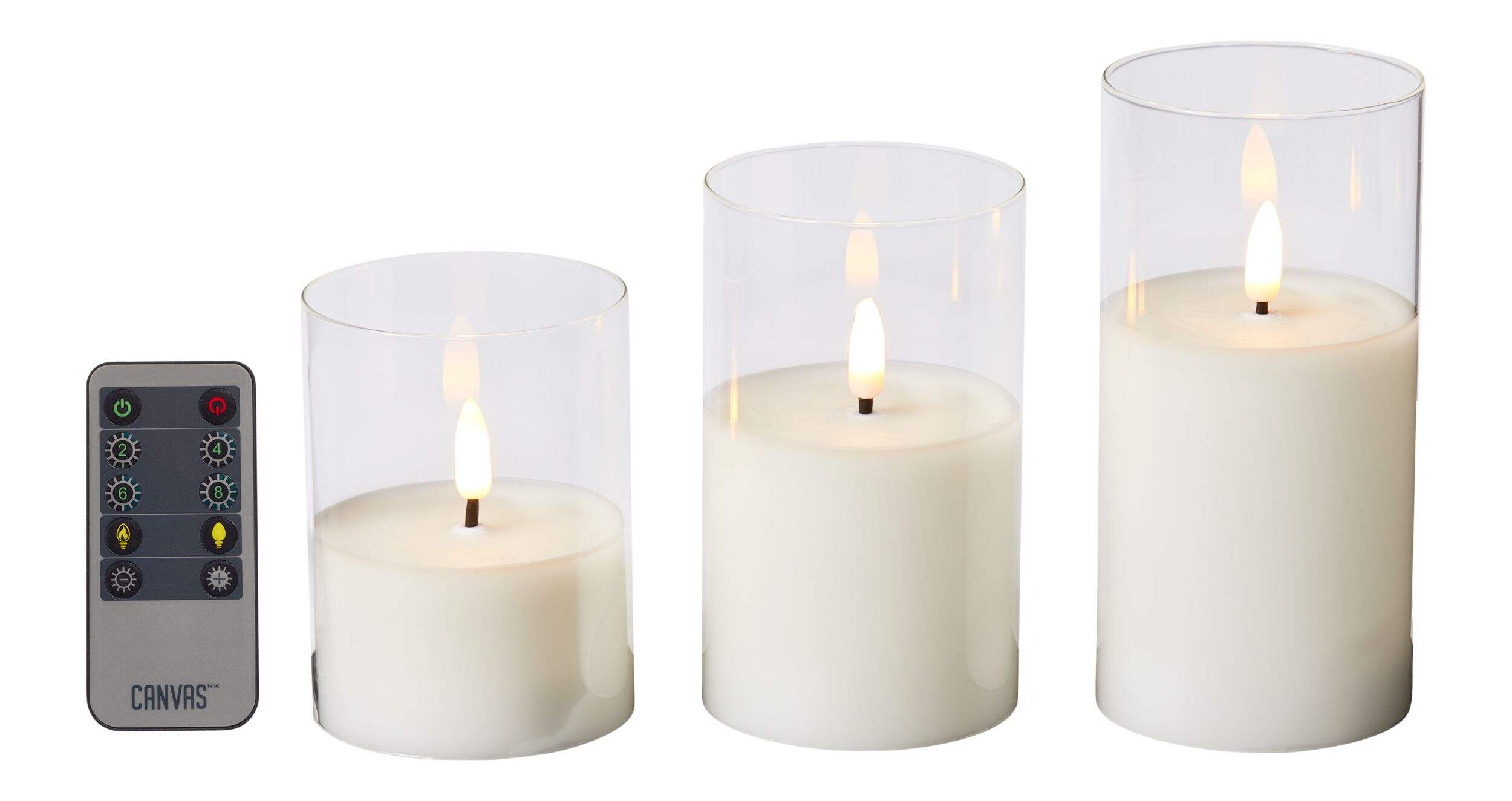 CANVAS Tabletop Christmas Decoration Battery-Operated Clear Glass Flameless LED Candle Set with Remote & Timer, White, 3-pk Front_Elevated