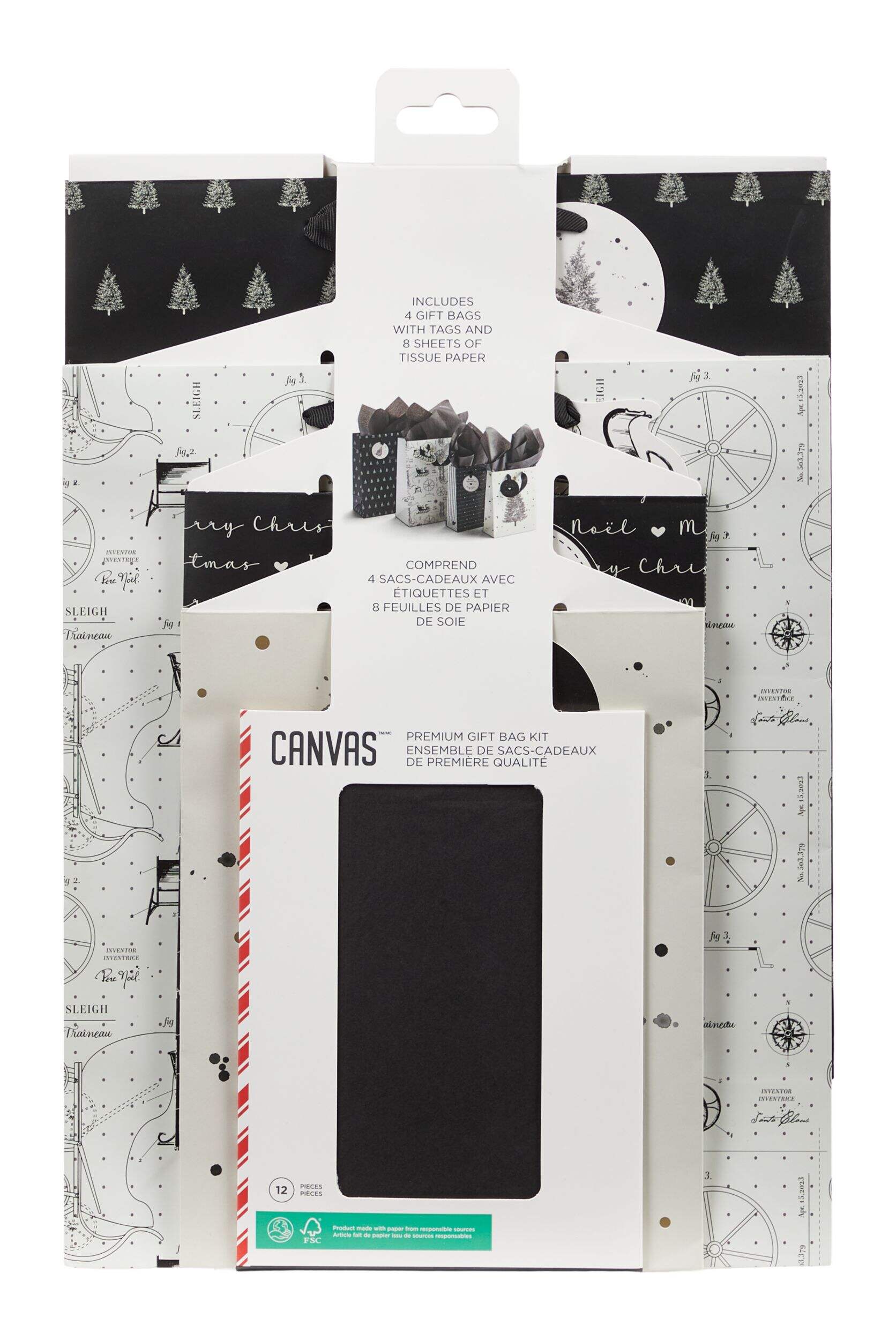 CANVAS Bag Kit, 4 Bags with Tissue Paper & Tags, Night Before Christmas Front_Flat
