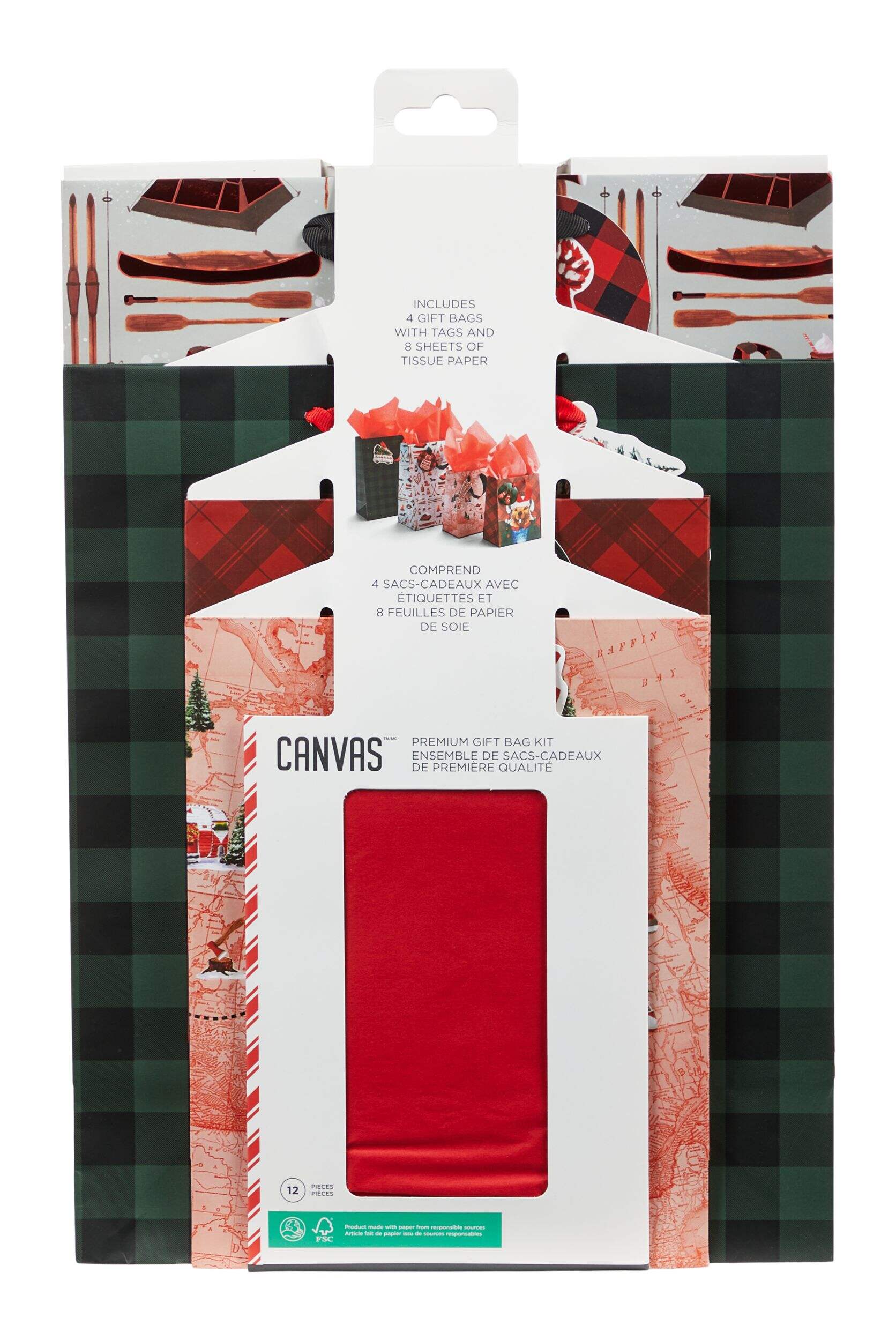 CANVAS Bag Kit, 4 Bags with Tissue Paper & Tags, Canadian Christmas Front_Flat