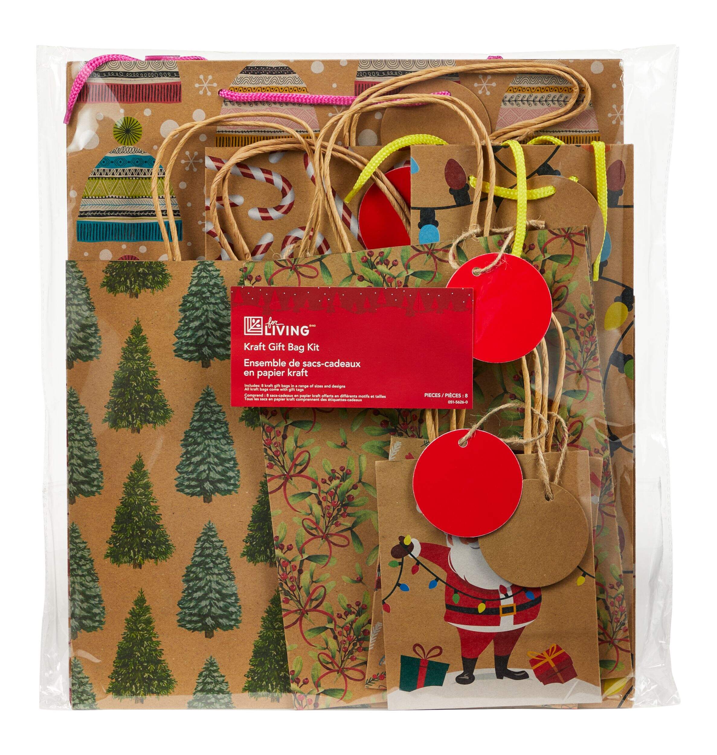 For Living Kraft Holiday Gift Bags, Multi Sizes, 8-pk Front_Flat