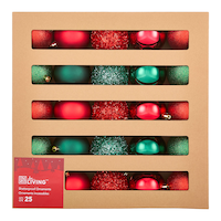 Boules de Noël incassables For Living, boîte en carton ondulé, rouge et vert, 80 mm, paq. 25 Front_Flat