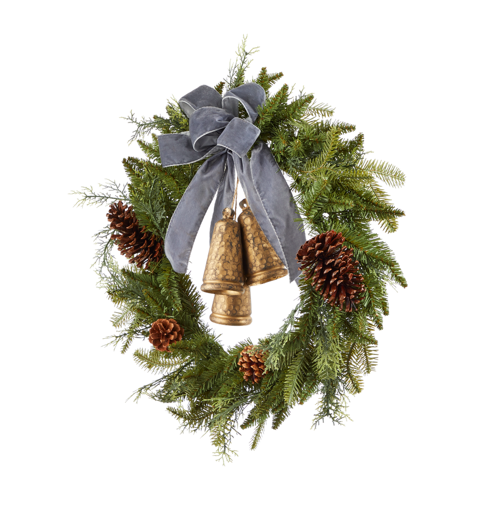CANVAS Countryside Christmas Pinecone Wreath with Bells & Suede Bow