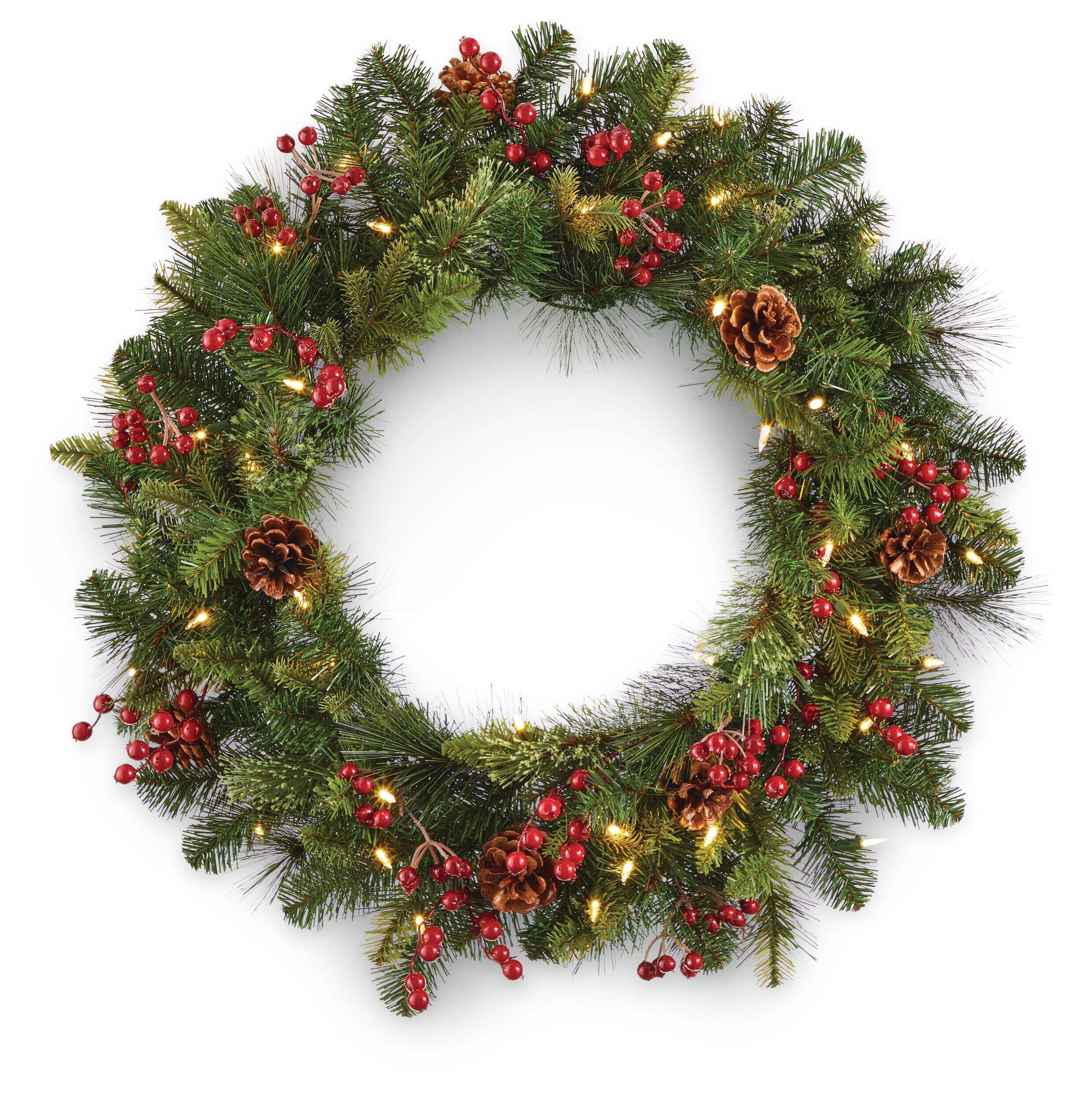 NOMA Battery-Operated LED Berry Pinecone Wreath, 30-in Front_Flat