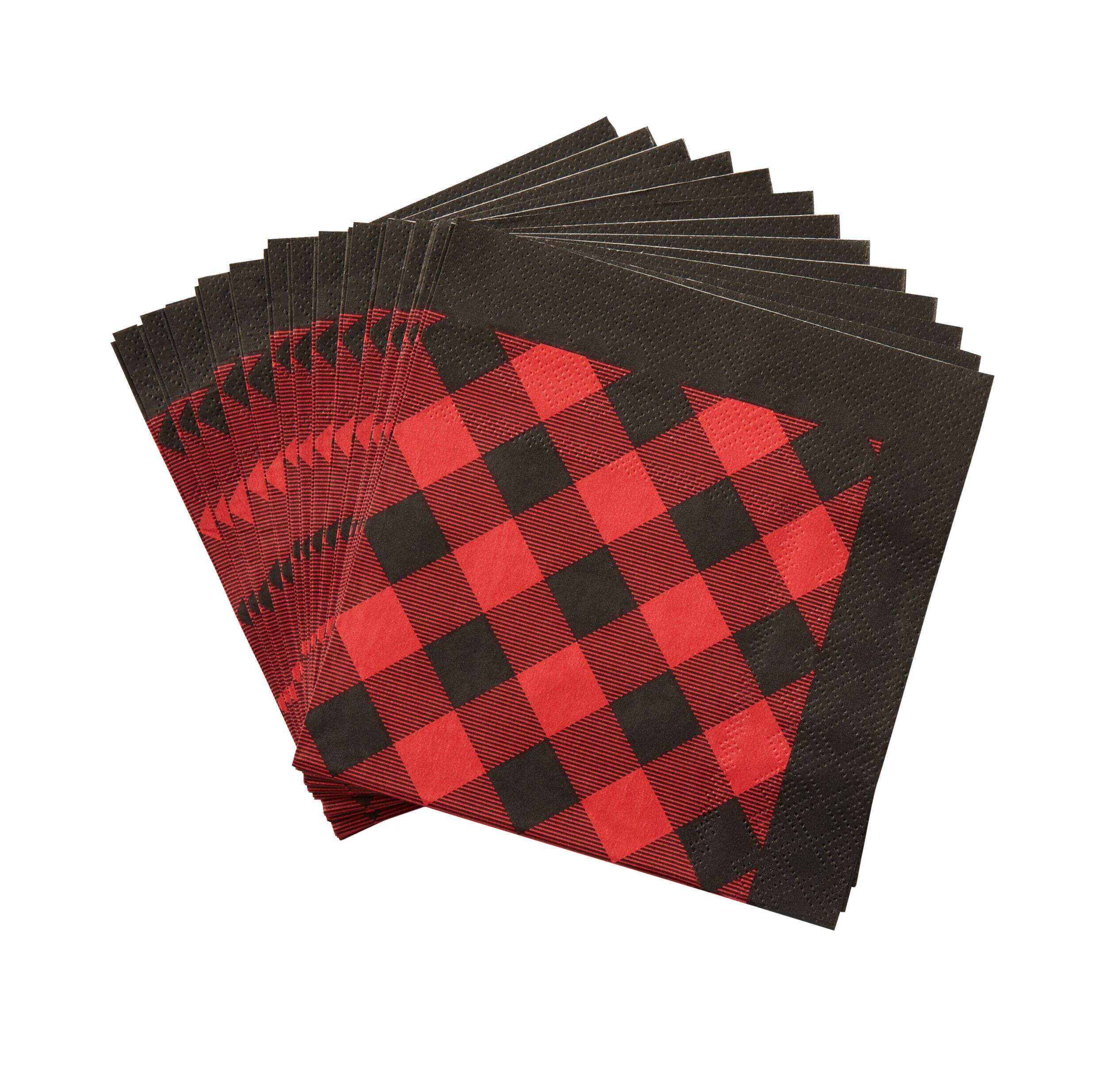 Sophistiplate Buffalo Check Square Paper Disposable Beverage Napkins, Red/Black, Plaid, 5-in, 20-pk, 3-ply, for Christmas Overhead_Flat