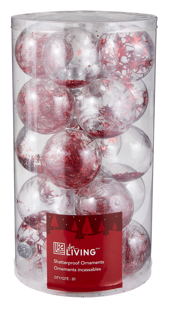 For Living Clear With Red Fill Shatterproof Ornament Set 20 Pk   Red 20 Pack 80mm Clear Ball Set With Design 43cf5ebf 121e 4f30 80f1 4dec697a3f57 