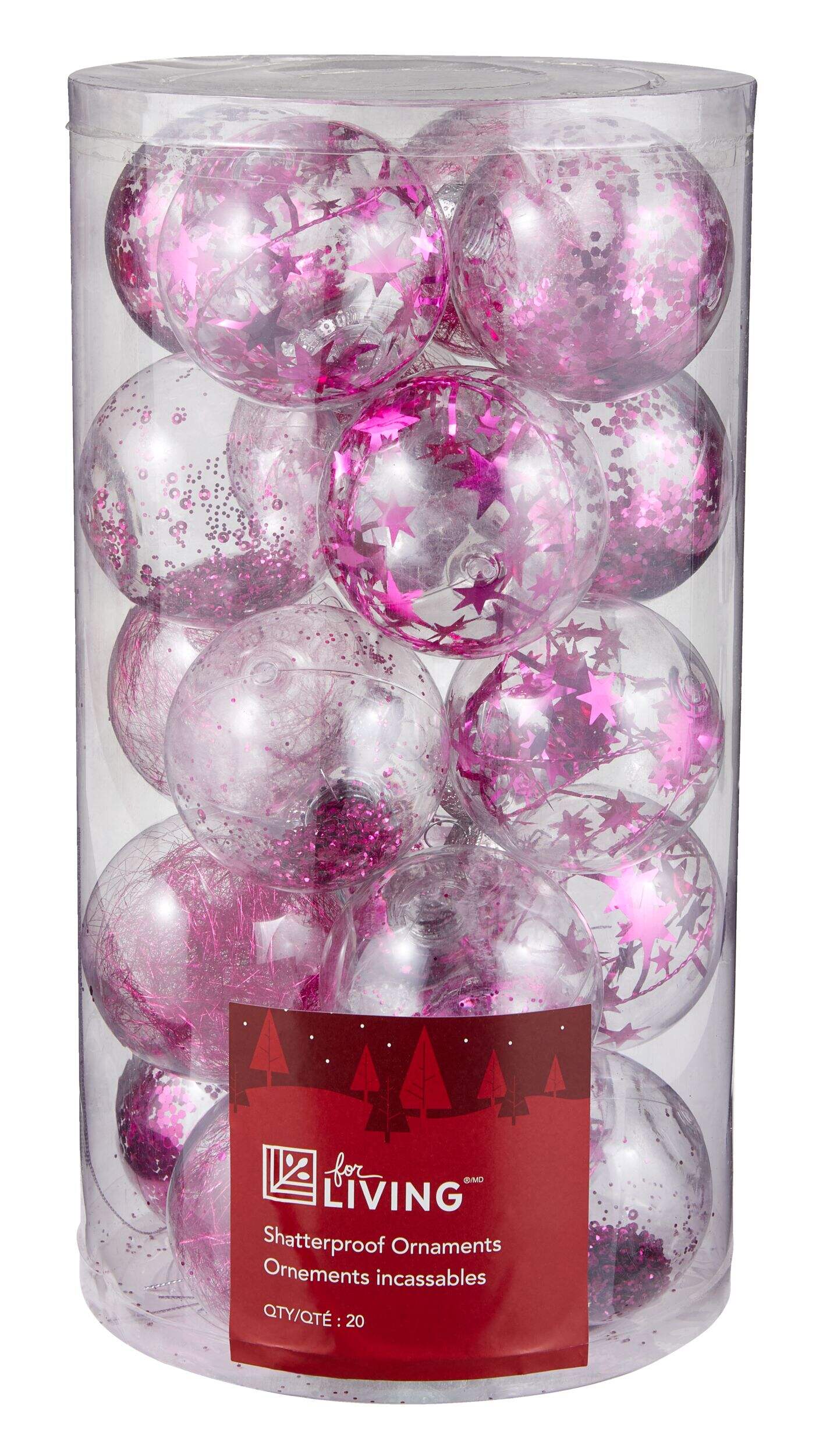 For Living Clear with Pink Fill Shatterproof Ornament Set, 20-pk Front_Elevated