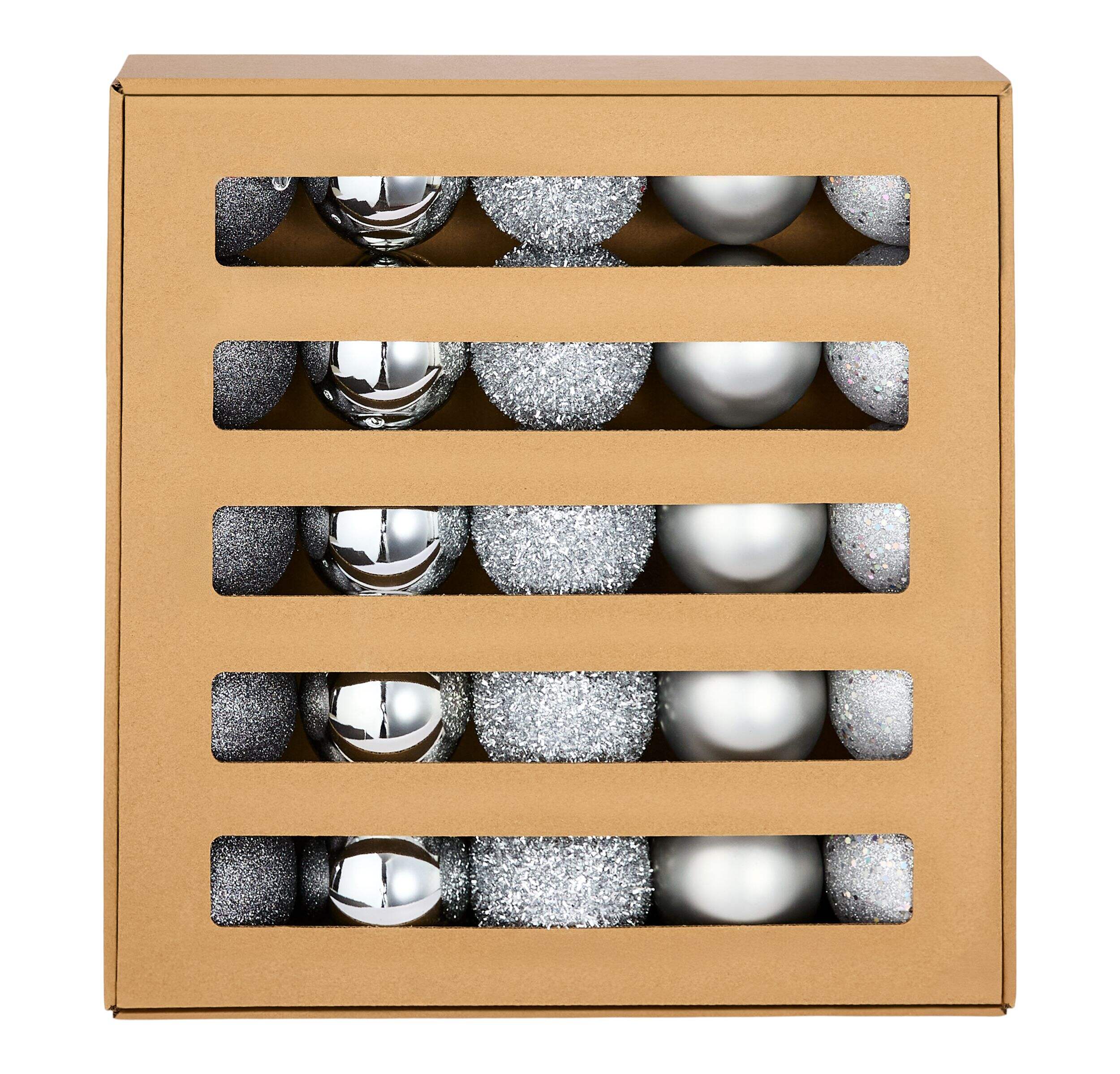 Boules de Noël incassables For Living, boîte en carton ondulé, métallique, 80 mm, paq. 25 Front_Flat