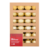 For Living Shatterproof Decoration Ball Christmas Ornament Set in Corrugate Box, Gold, 60-mm, 48-pc Front_Flat
