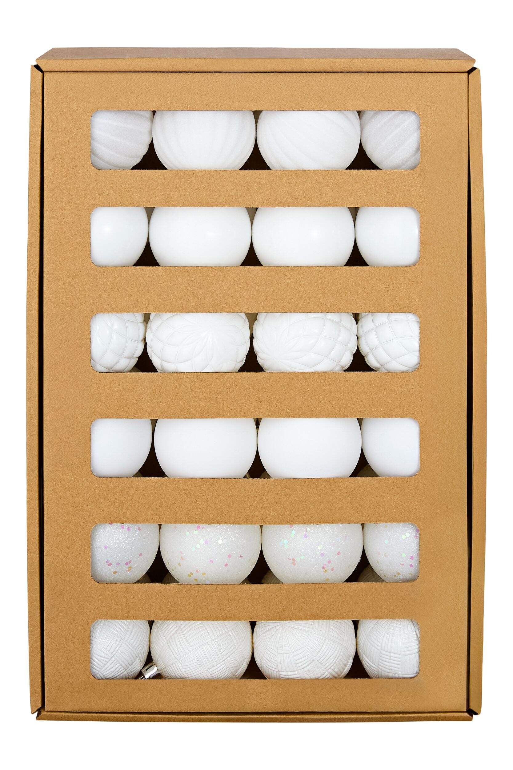 For Living Shatterproof Decoration Ball Christmas Ornament Set in Corrugate Box, White, 60-mm, 48-pc Front_Flat