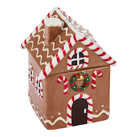 CANVAS Santa's Workshop Collection Christmas Decoration Ceramic Gingerbread House with Lid Scented Candle, 5.5-in, 220-g Front_Angled_Right