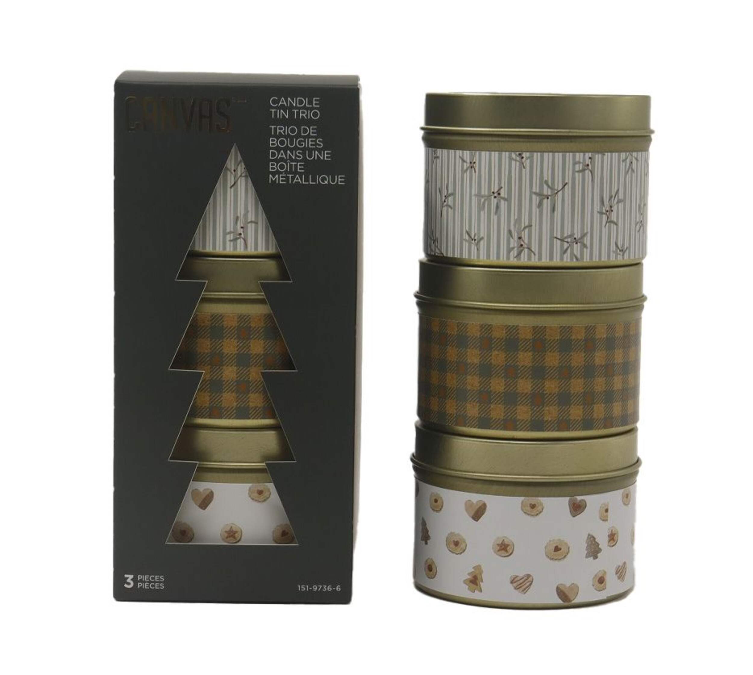 CANVAS Holiday Homecoming Collection Christmas Decoration Wrapped Tin Scented Candle, 3-pk Front_Flat