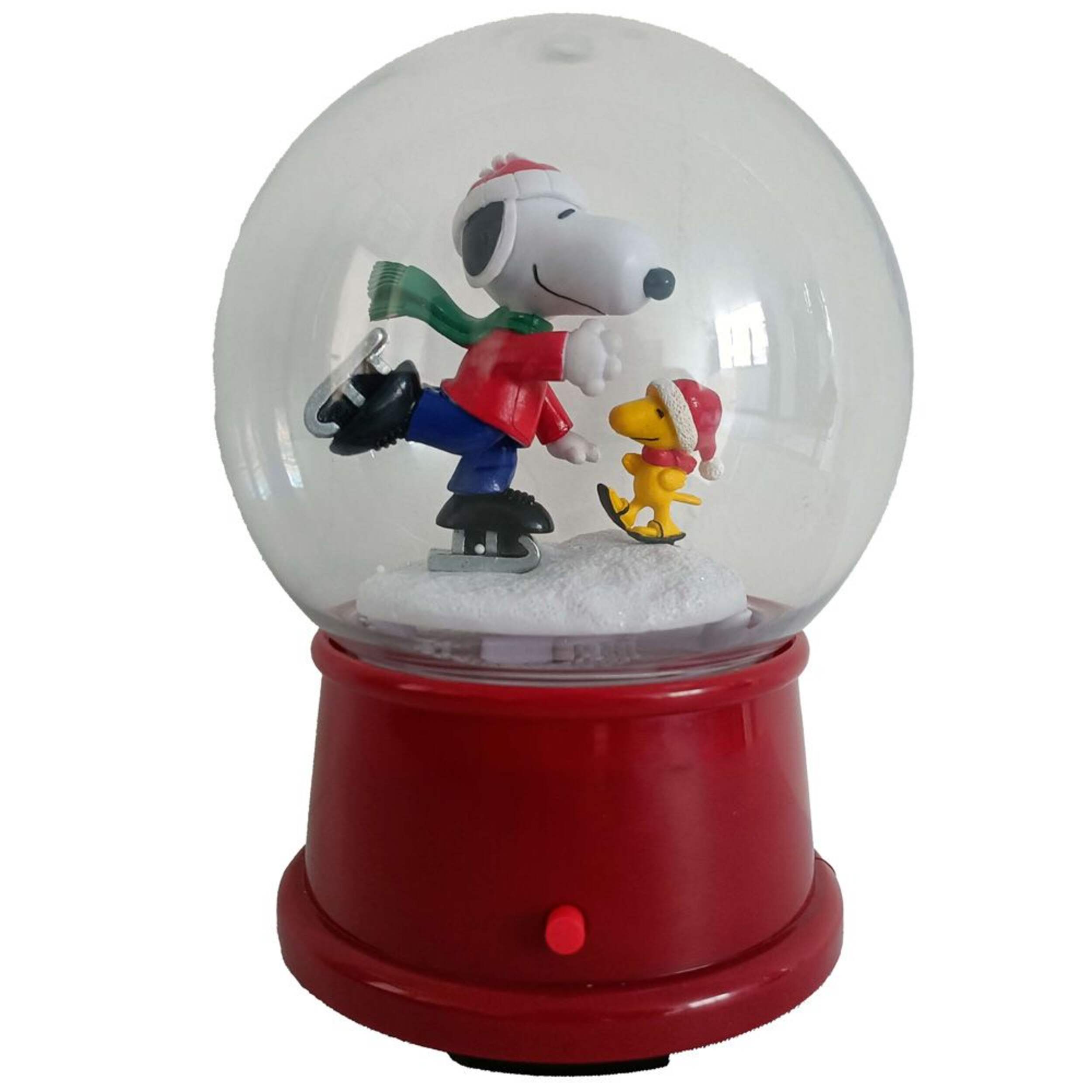 Boule à neige Snoopy qui patine avec Woodstock Gemmy, blanc/rouge, 4,5 po Front_Flat