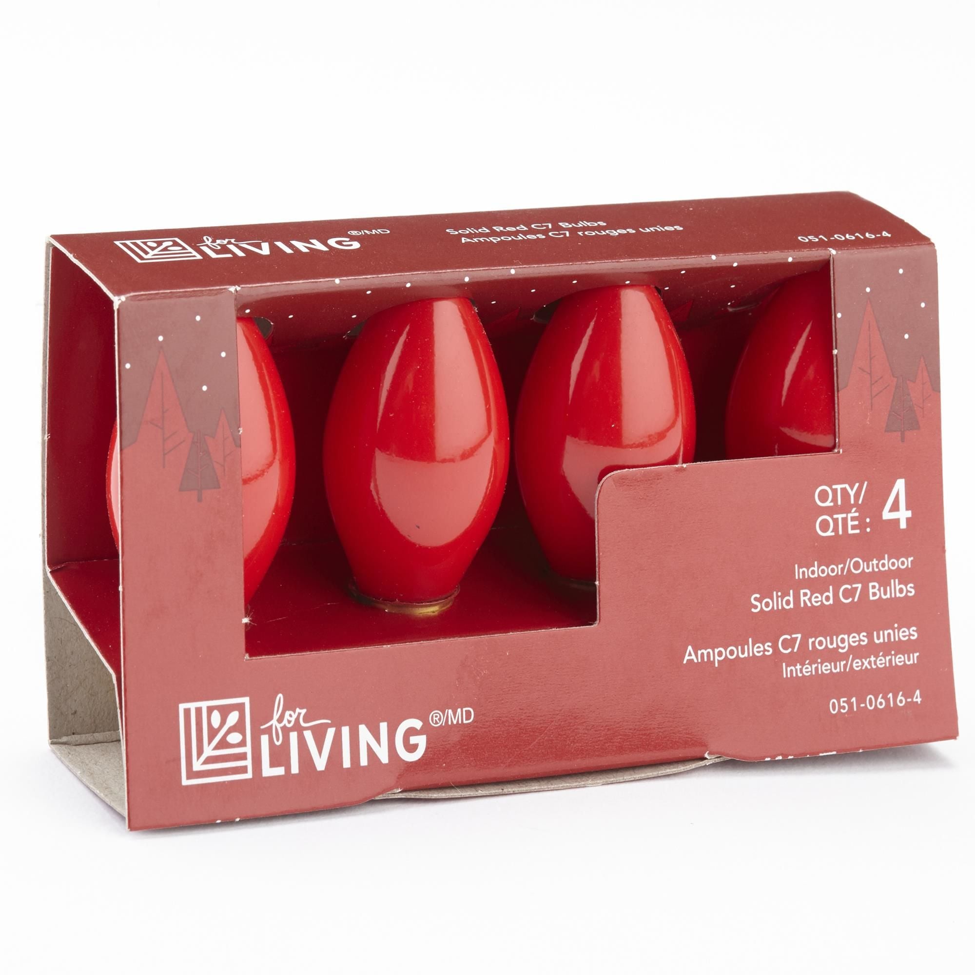 For Living C7 Incandescent Replacement Christmas Bulbs, Solid Red, 4pk