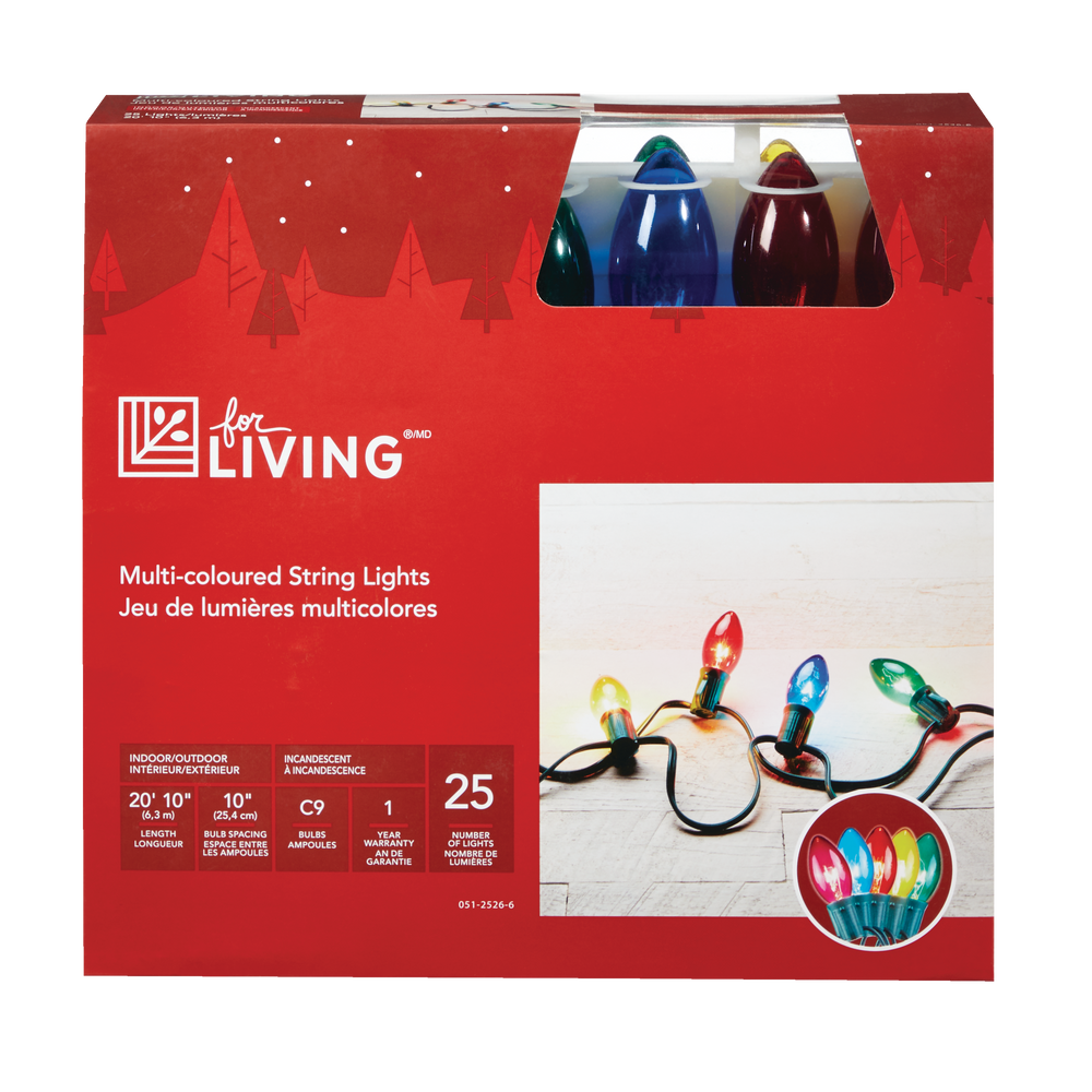 For Living Outdoor C9 Christmas Lights, 25 Incandescent Lights, Multi