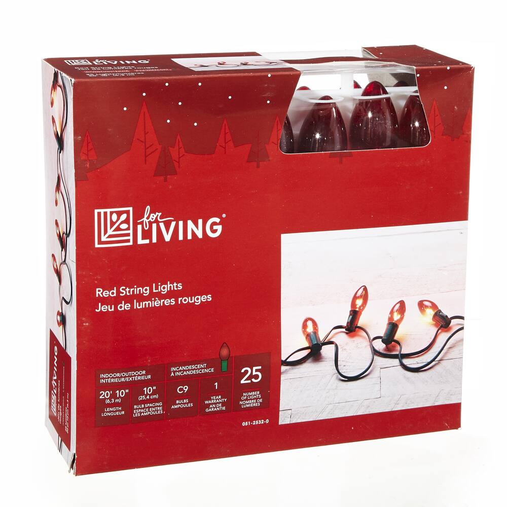 For Living Outdoor C9 Incandescent Christmas Lights, Red, 25Count