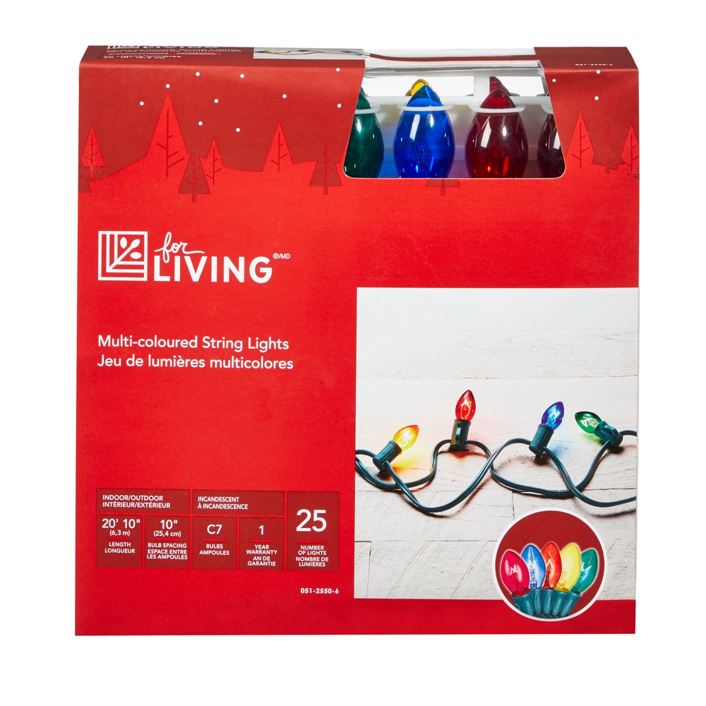 For Living Outdoor C7 Christmas Lights, 25 Incandescent Lights, Multi