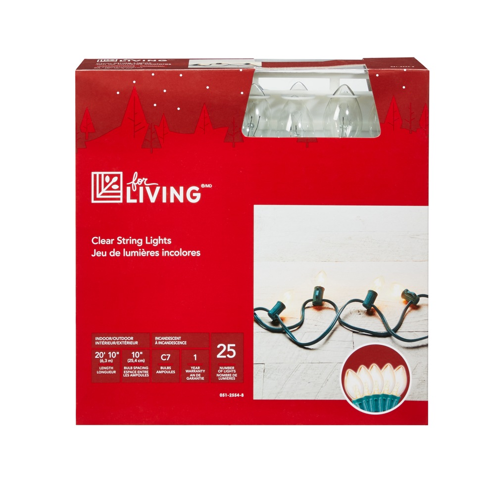 For Living Outdoor C7 Christmas Lights, 25 Incandescent Lights, Clear