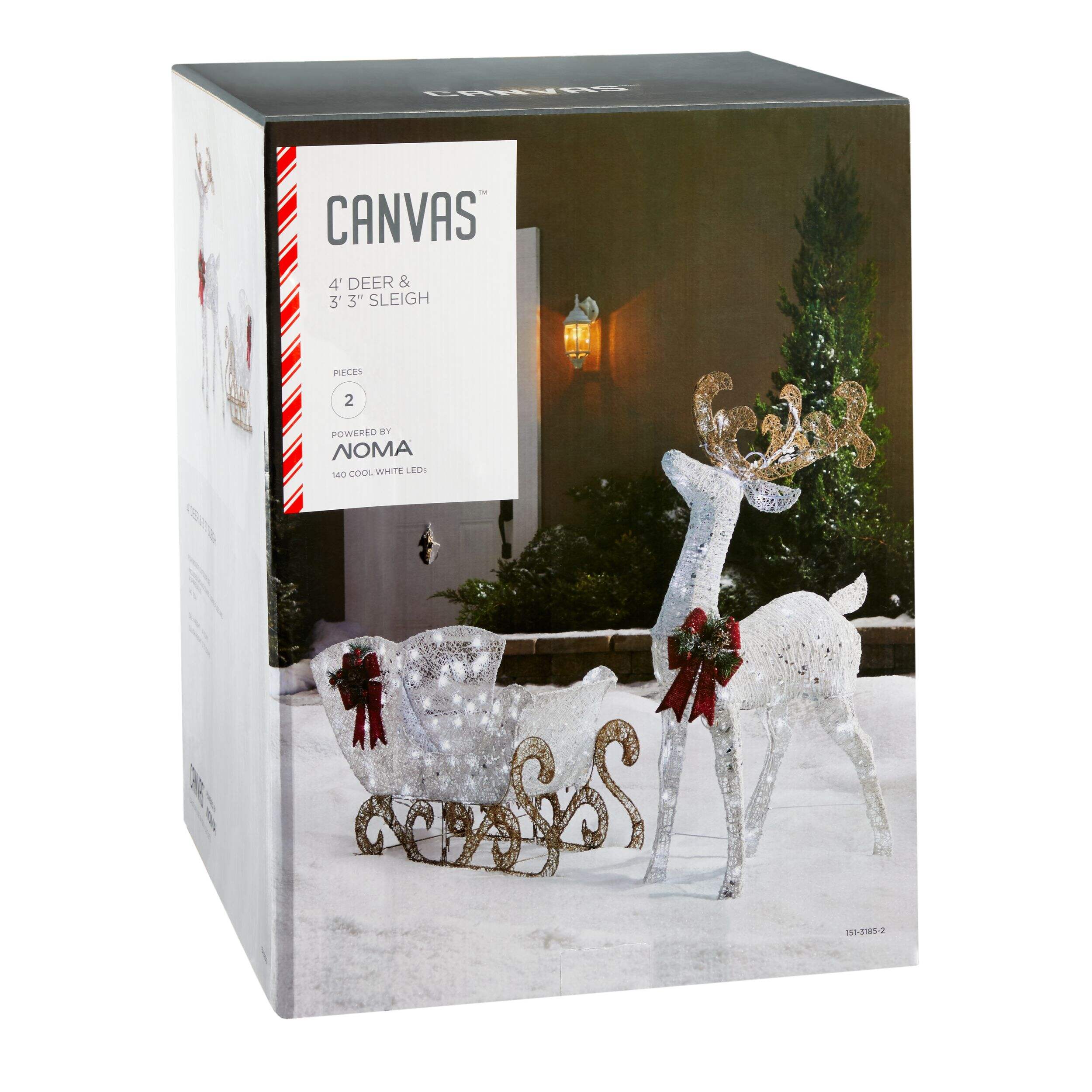 CANVAS 4' LED Arctic White Deer and Sleigh Christmas Decoration Front_Angled_Right