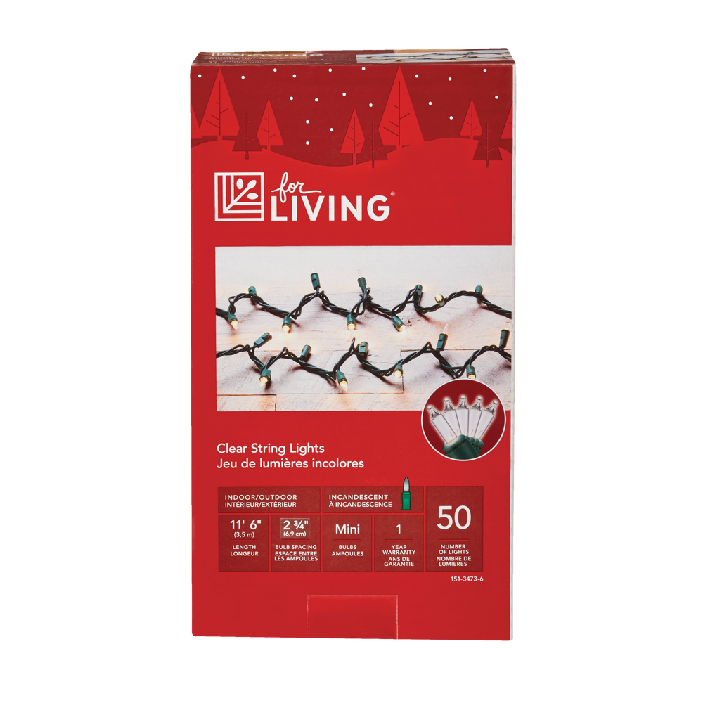 For Living Outdoor Christmas Lights, 50 Mini Incandescent Lights, Clear