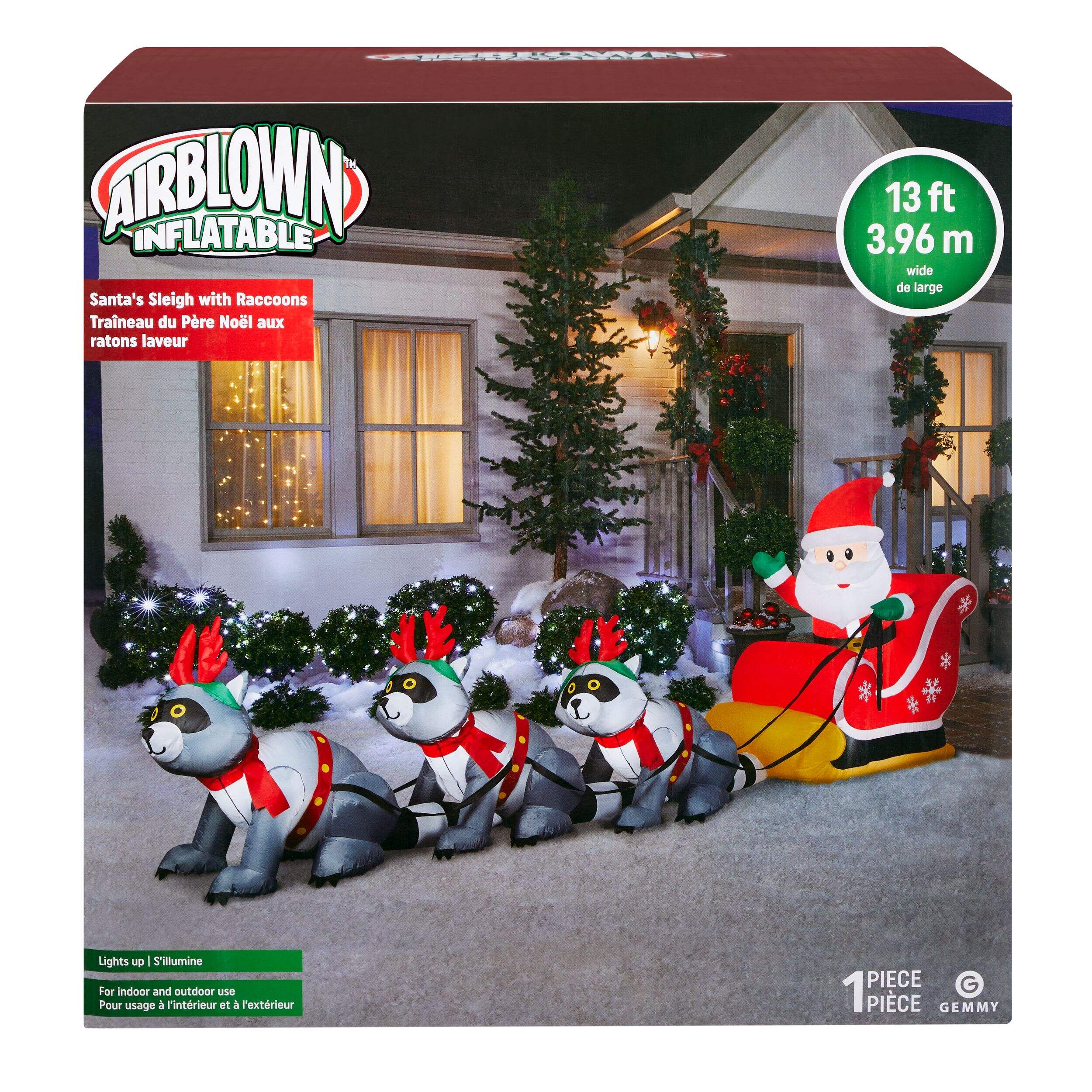 Gemmy Airblown® Wide Santa Sleigh with Racoons Christmas Decoration, 13-ft Wide Front_Elevated